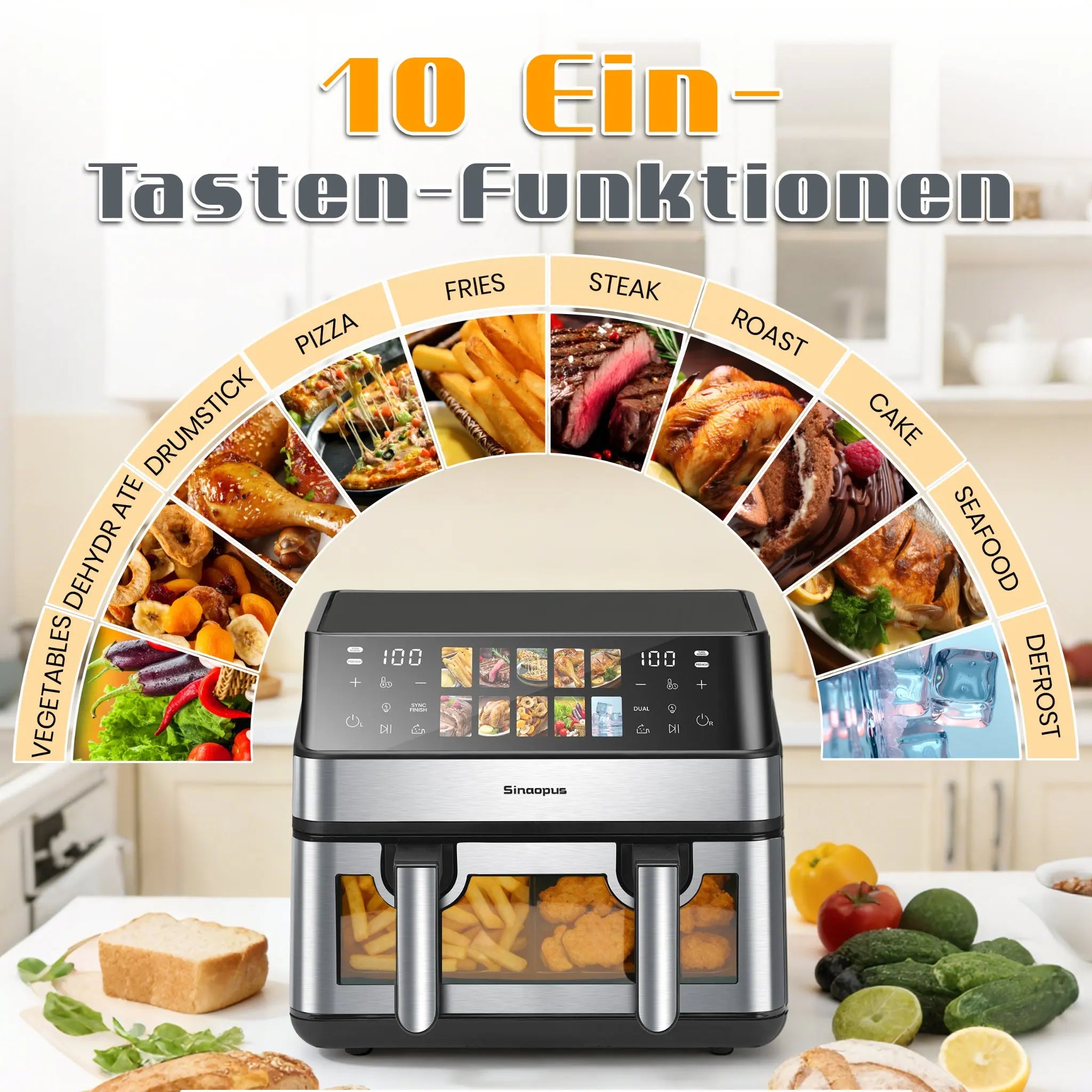 Friteuse à Air Chaud 8,5 L 2000 W – LED Tactile, 10 Programmes, Sans Huile, Familiale