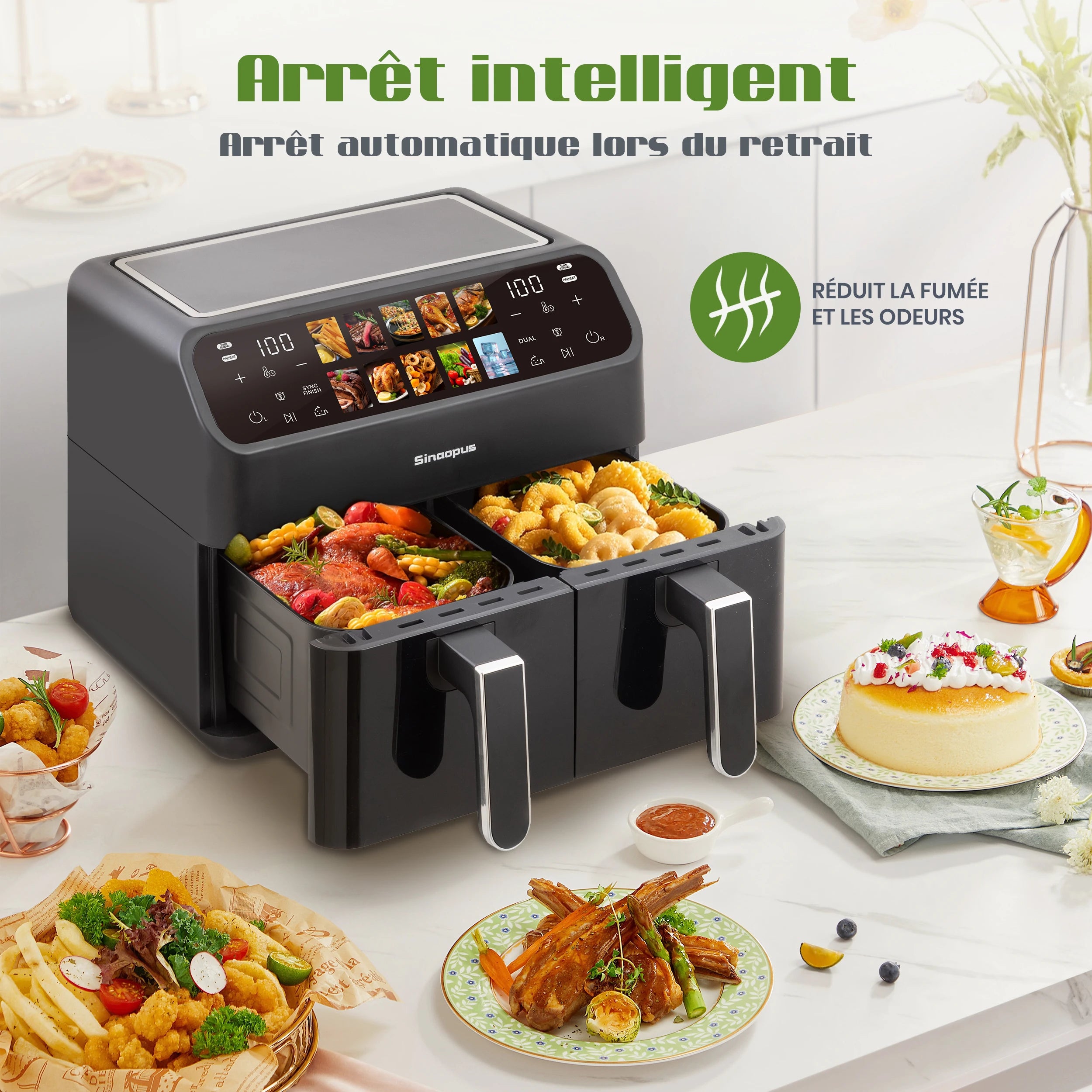 Friteuse à Air Multifonction Double Panier 9L – Écran LED Tactile, Fenêtre de Visualisation, Cuisson Sans Huile