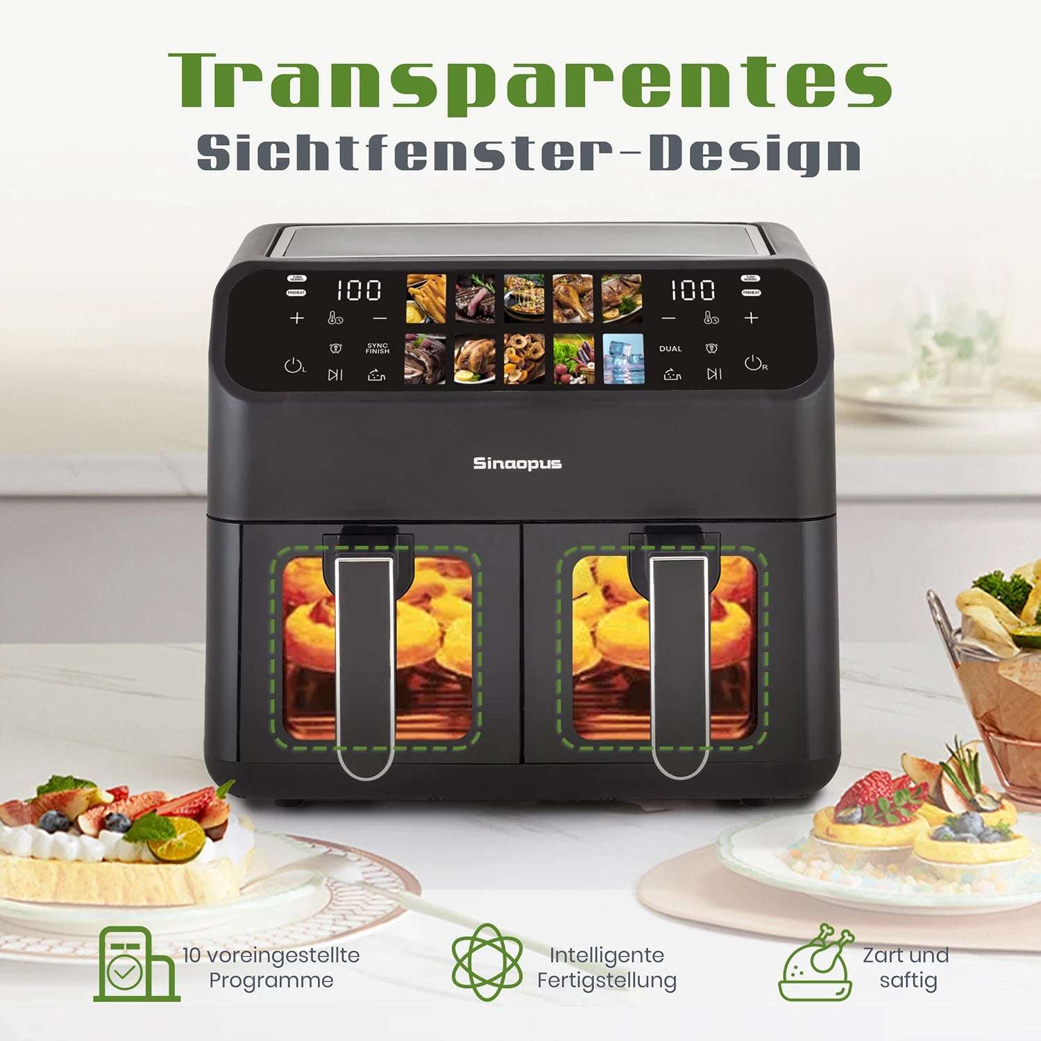 Air Fryer Sinaopus 2000W XXL 9L – Friteuse à air chaud double panier avec écran tactile LED et 10 programmes