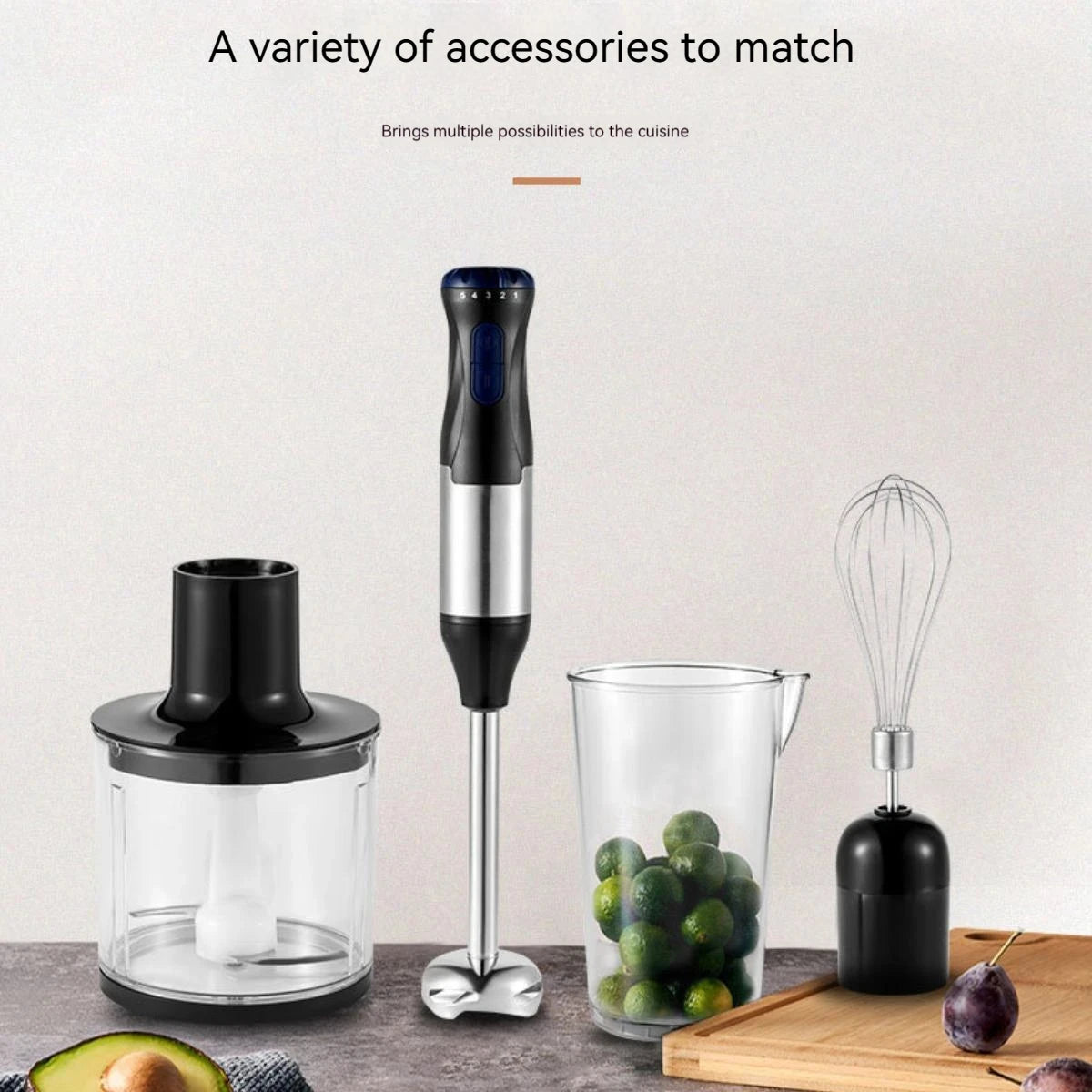 Mixeur Plongeant 4 en 1 – 1000 W, Acier Inoxydable, Bécher 700 ml & Bol Hachoir 500 ml, Fouet Inclus