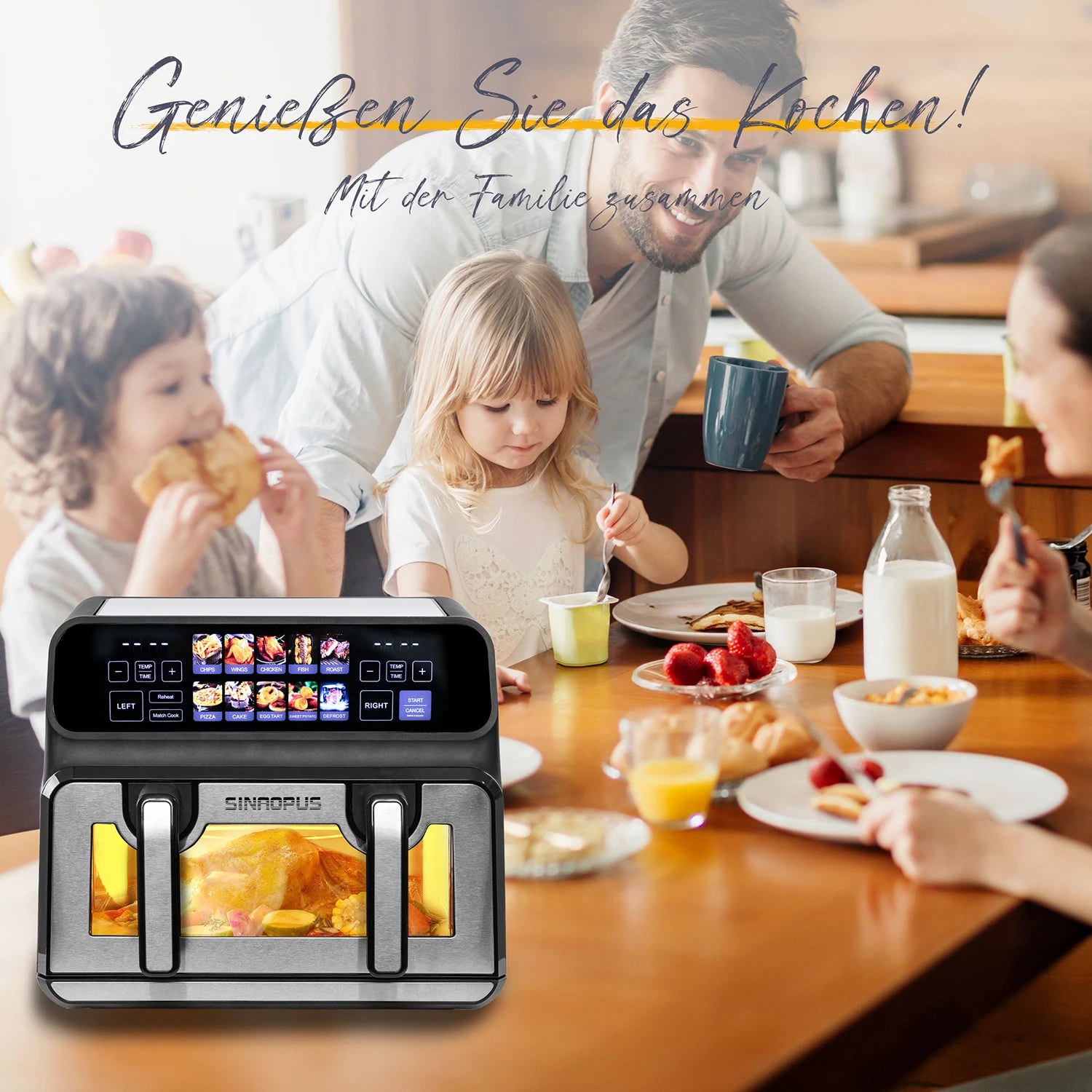 Air Fryer Friteuse à air chaud double panier Sinaopus 9 L – 2200 W, écran tactile LED, 10 programmes, mode double ou grande chambre