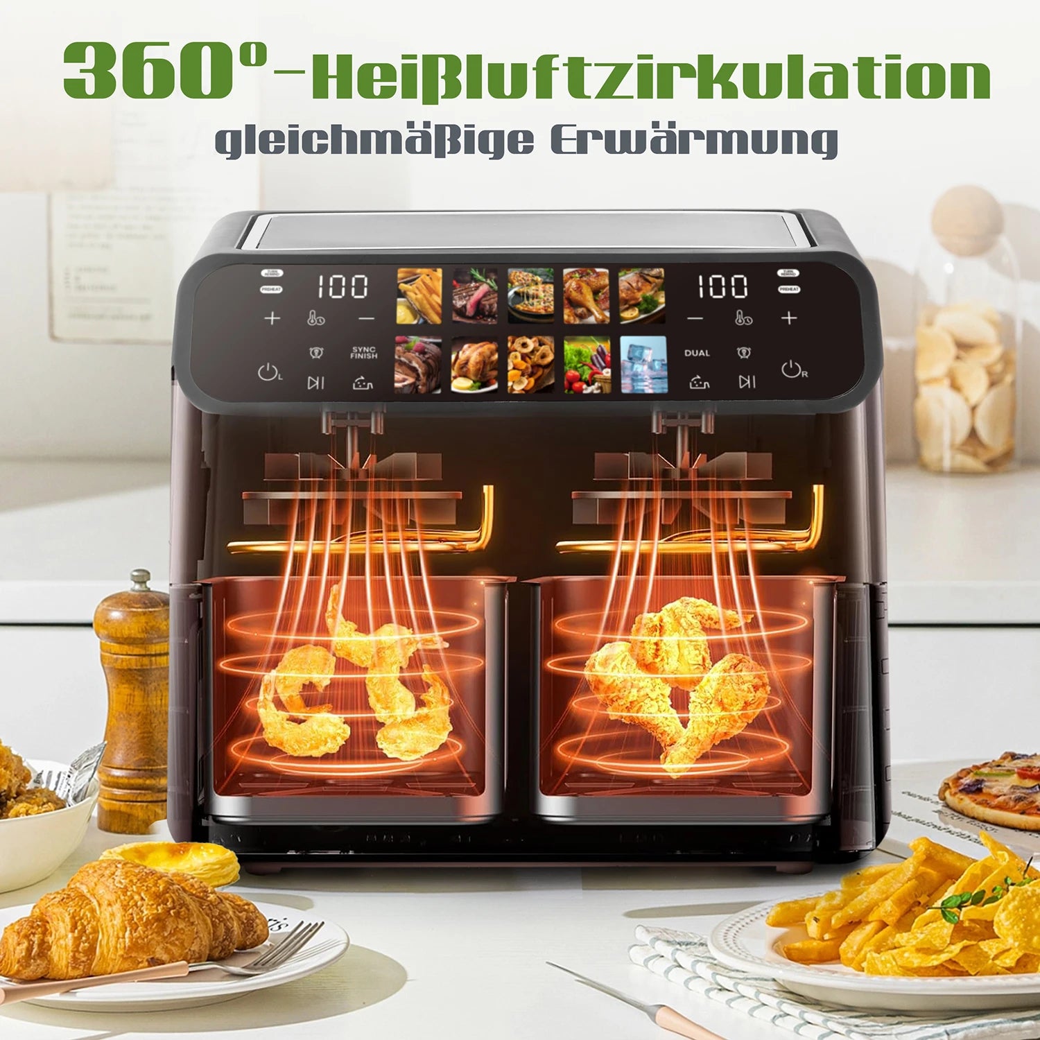 Air Fryer Sinaopus 2000W XXL 9L – Friteuse à air chaud double panier avec écran tactile LED et 10 programmes
