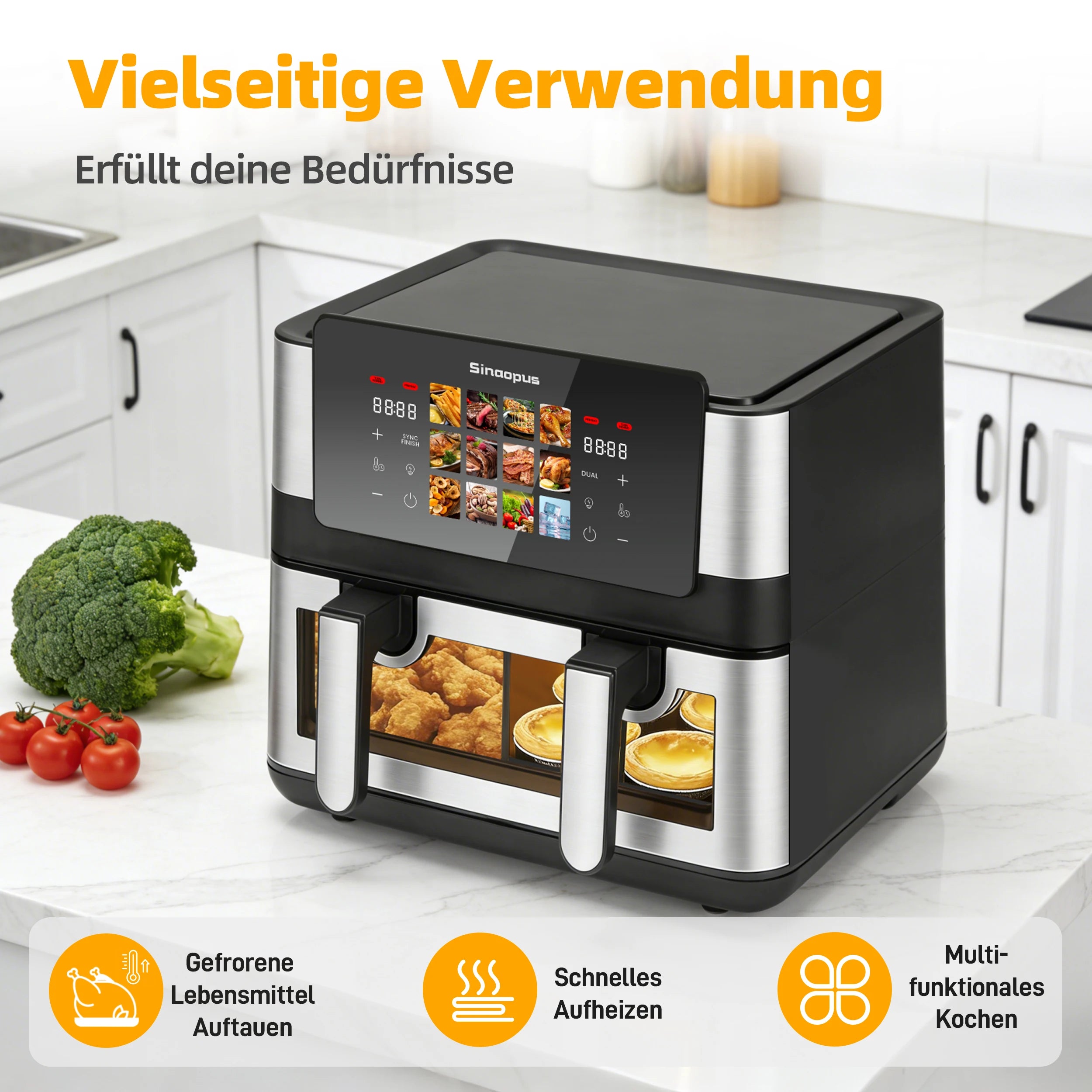 Friteuse à Air Chaud Double Panier Sinaopus 8,5 L – 2000 W, Écran Tactile LED, 12 Programmes, Fenêtre de Visualisation