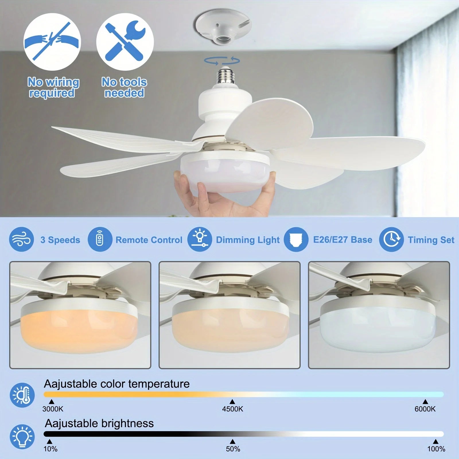 Ventilateur de plafond LED 40W avec douille E27, 21,5 pouces (55 cm), avec lumière et télécommande