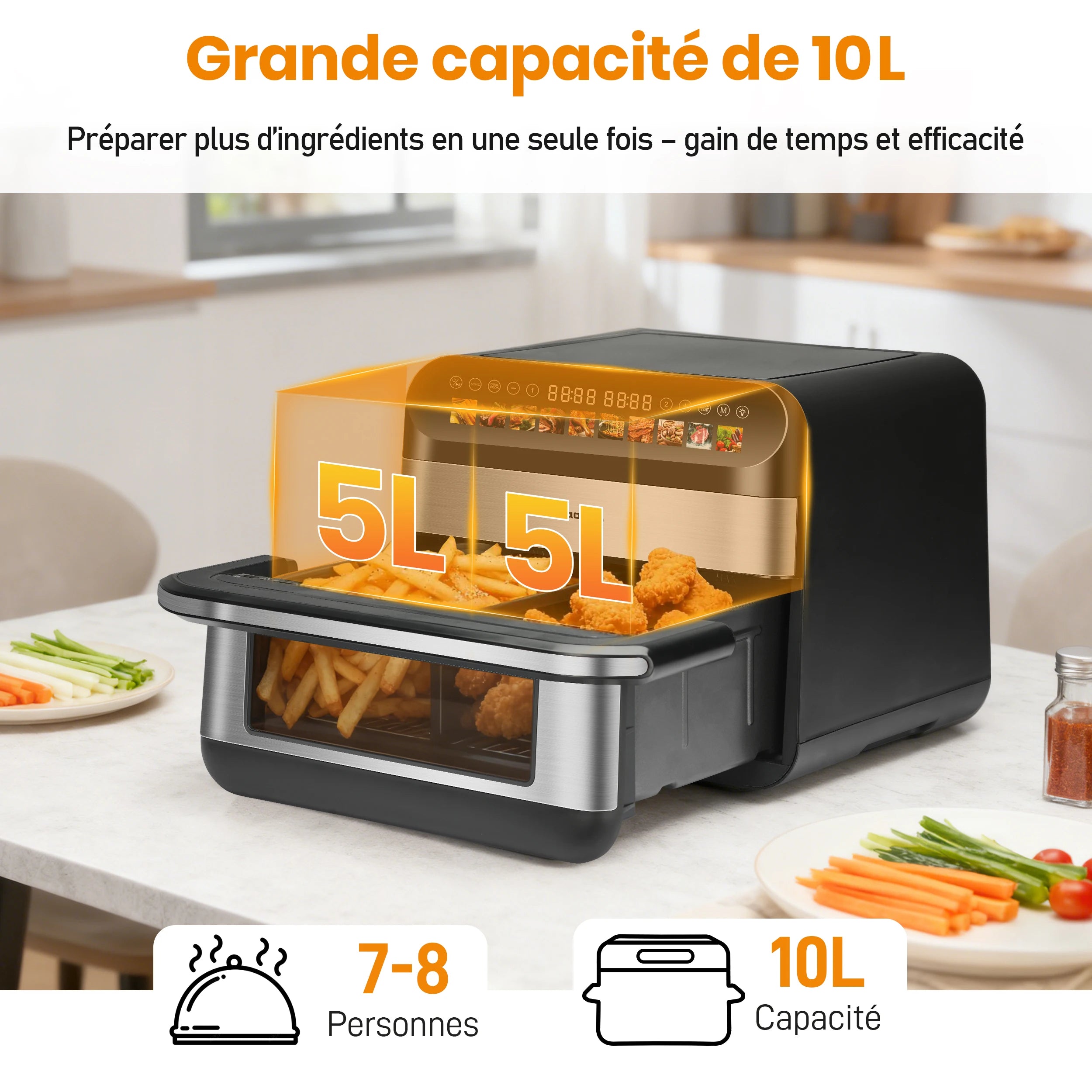 Air Fryer Four à friteuse à air à double panier de taille familiale 10L, cuiseur sans huile avec commande tactile LED et fenêtre de visualisation, machine intelligente pour friteuses à air