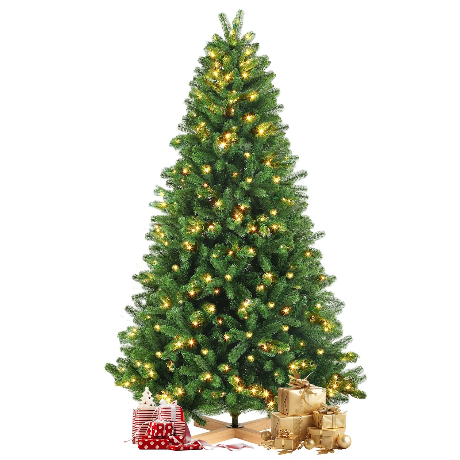 Arbre de Noël Artificiel avec Lumières LED – 180/210/235 cm, PVC & PE, Pied en Bois