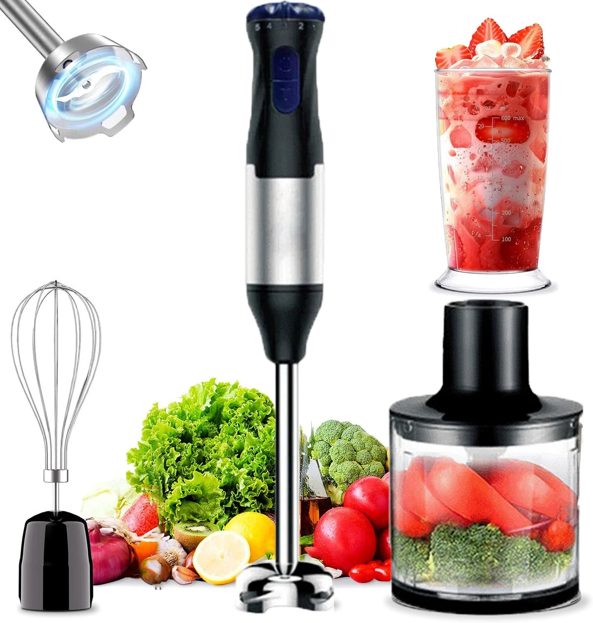 Mixeur Plongeant 4 en 1 – 1000 W, Acier Inoxydable, Bécher 700 ml & Bol Hachoir 500 ml, Fouet Inclus