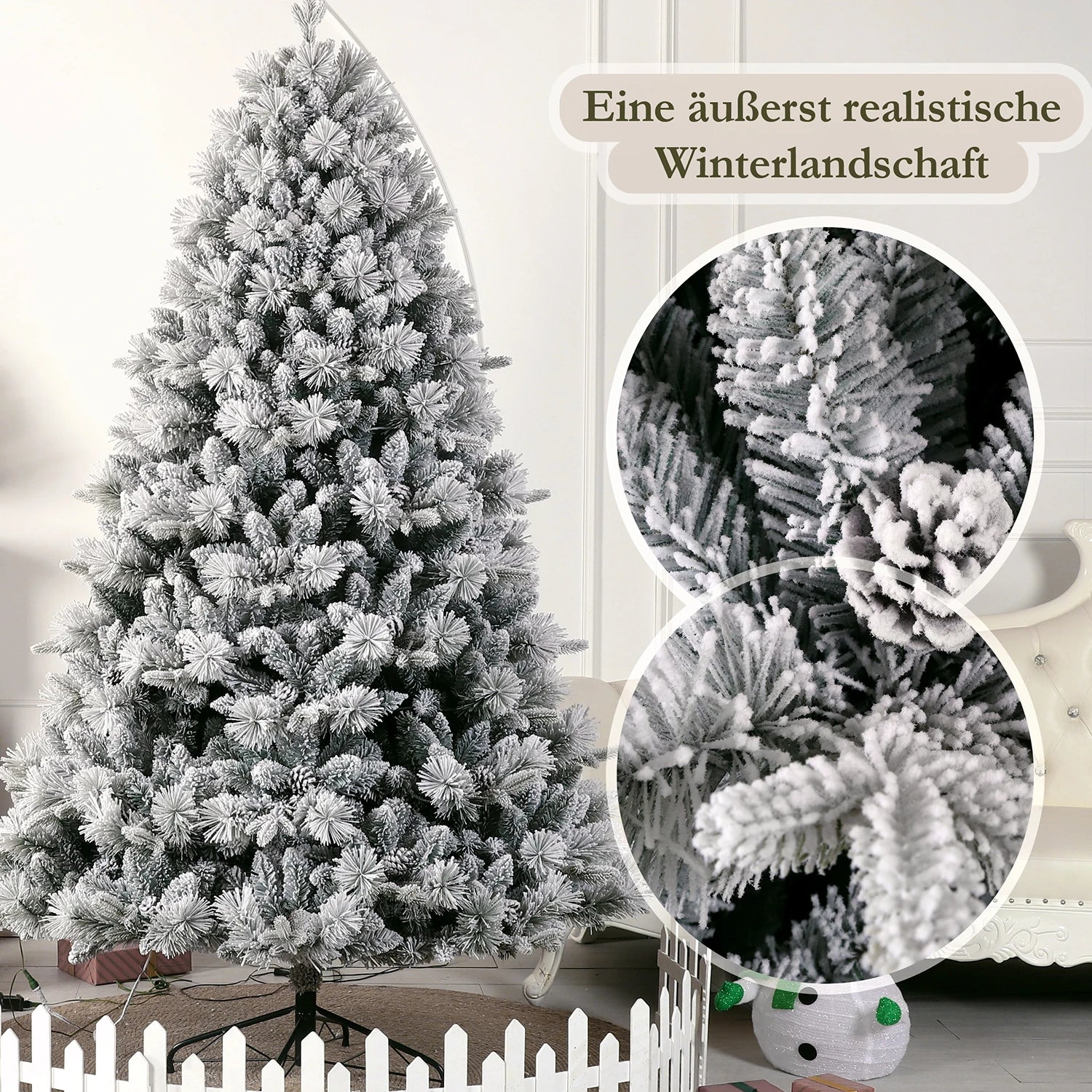 Arbre de Noël Artificiel Neige Blanche – PVC+PE, LED Blanc Chaud, Support Métallique