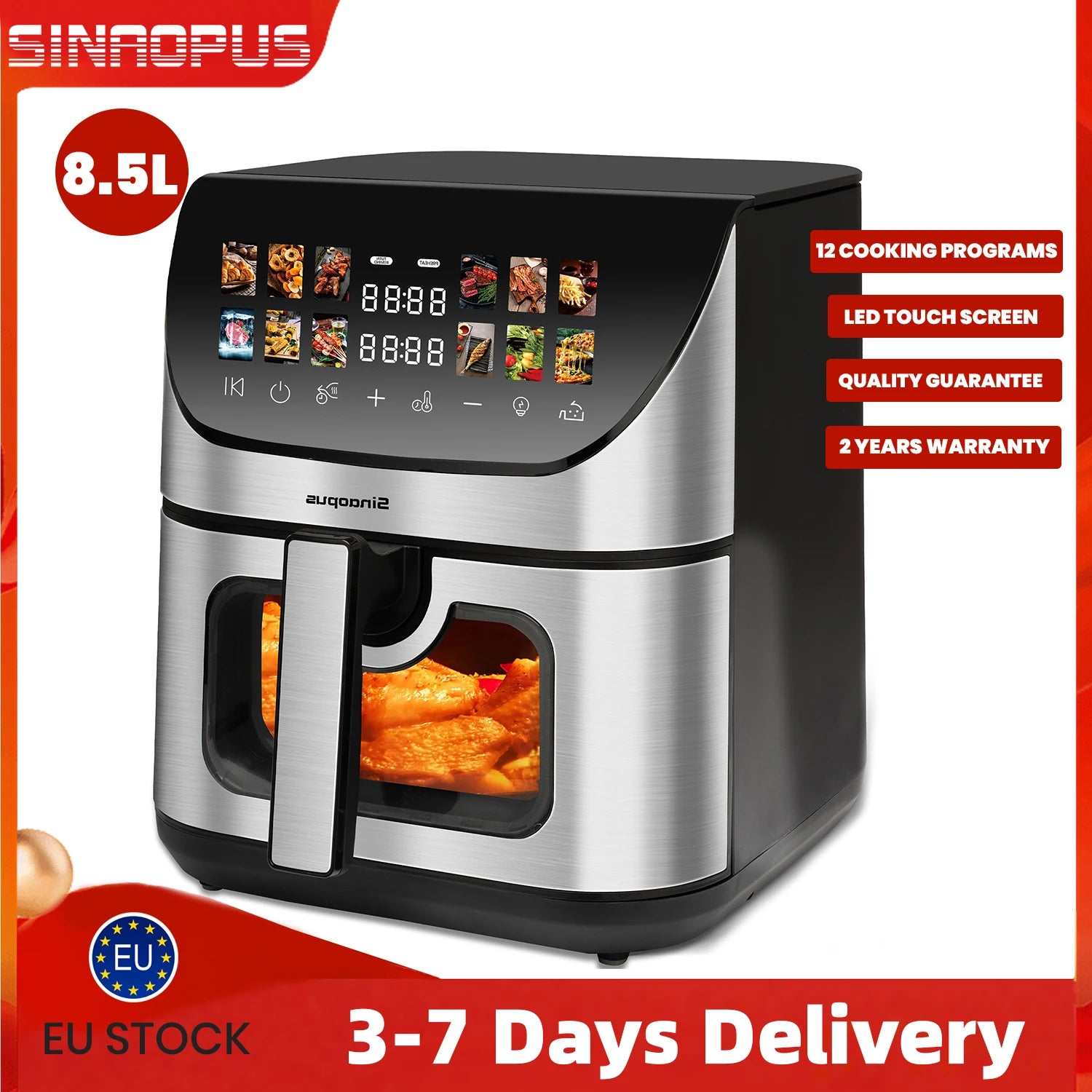 Friteuse à air multifonction 8.5L, machine intelligente avec fenêtre de visualisation, friteuse électrique sans huile avec commande tactile LED, four familial