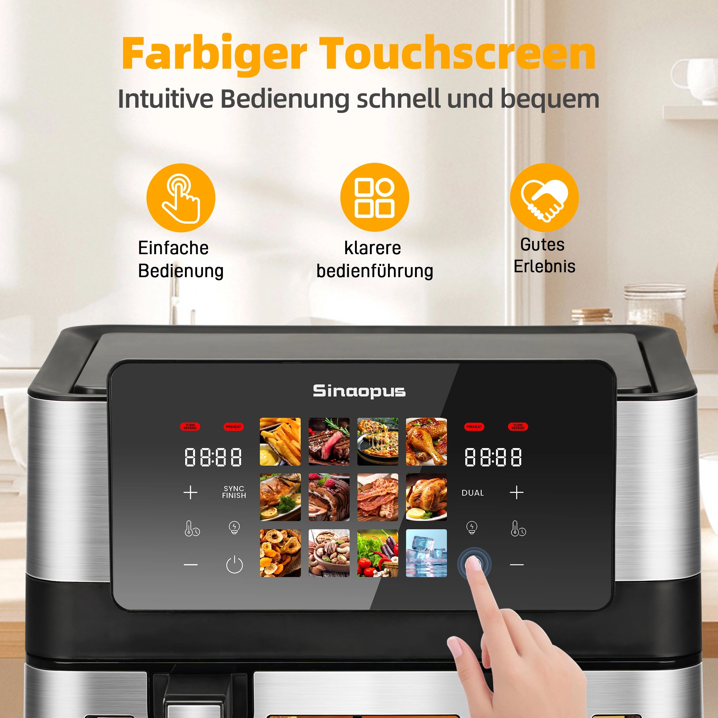 Friteuse à Air Chaud Double Panier Sinaopus 8,5 L – 2000 W, Écran Tactile LED, 12 Programmes, Fenêtre de Visualisation