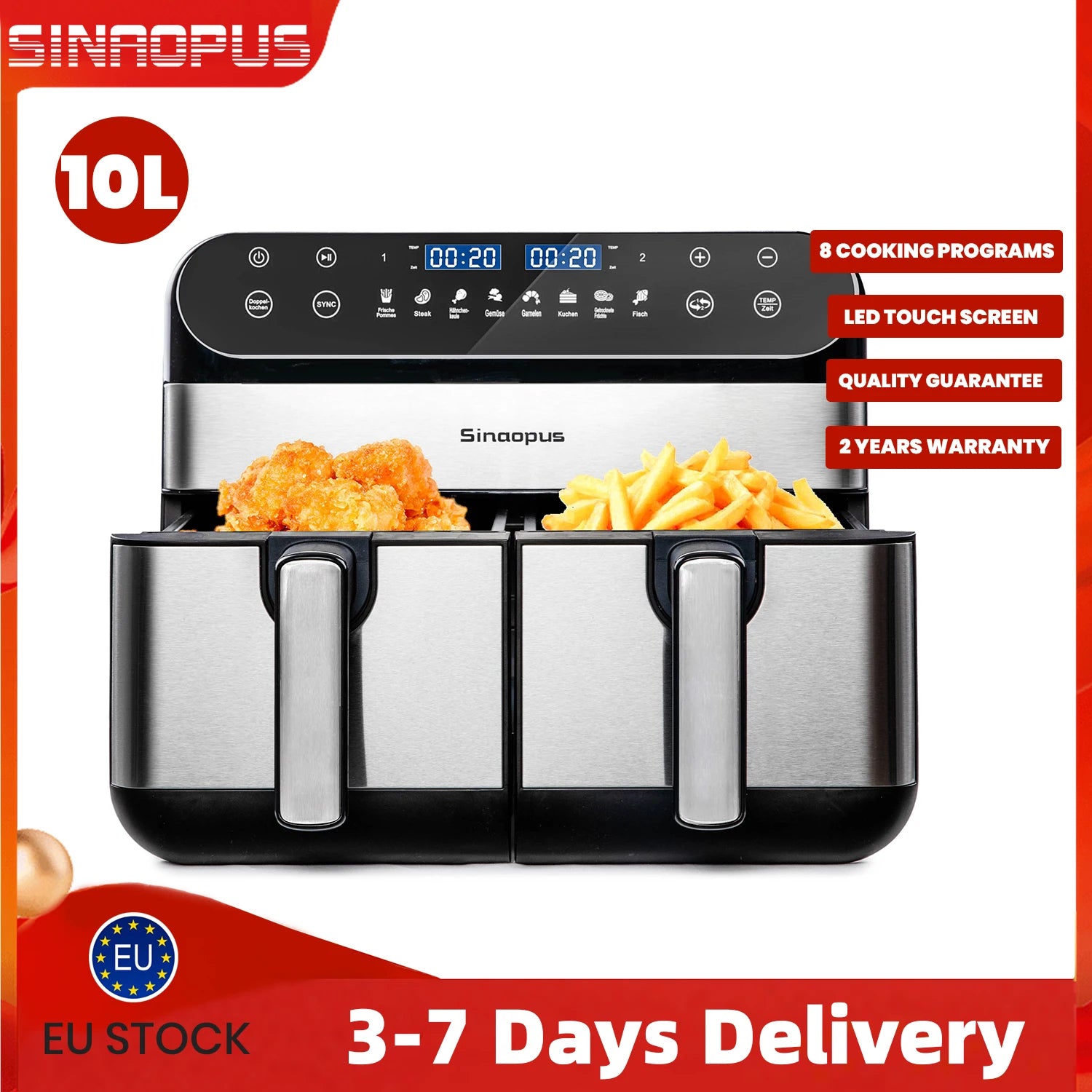 Friteuse à Air Chaud à Double Panier 10 L 2400 W – LED Tactile, 8 Programmes, Cuisson Sans Huile