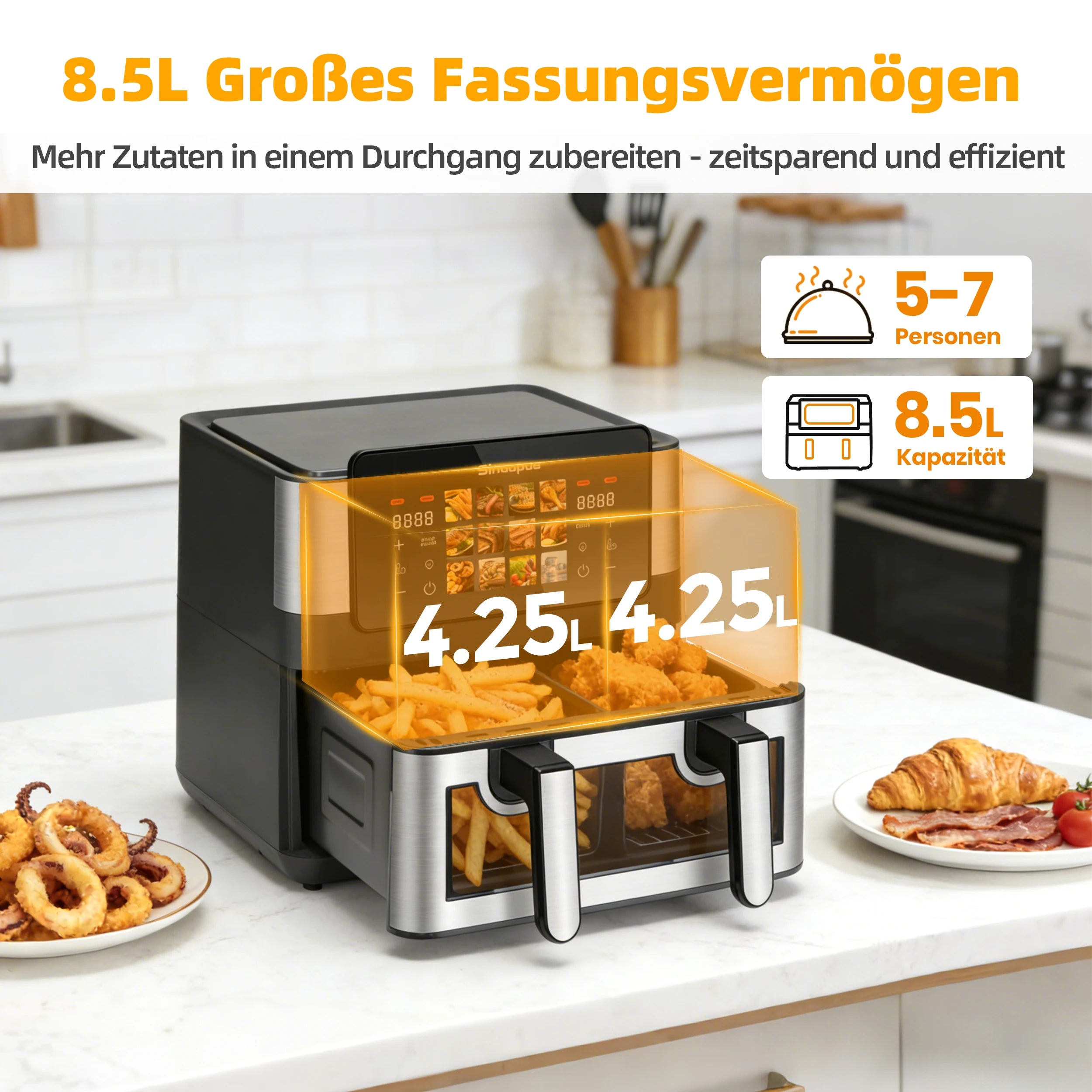 Friteuse à Air Chaud Double Panier Sinaopus 8,5 L – 2000 W, Écran Tactile LED, 12 Programmes, Fenêtre de Visualisation