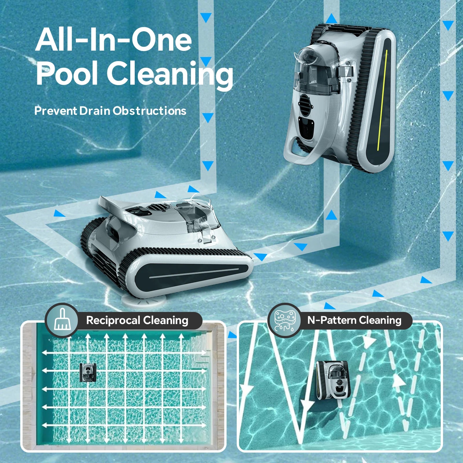 Robot aspirateur de piscine sans fil Seauto pour escalade murale 45 000 Pa Aspiration puissante pour piscines hors sol et creusées jusqu'à 180m2