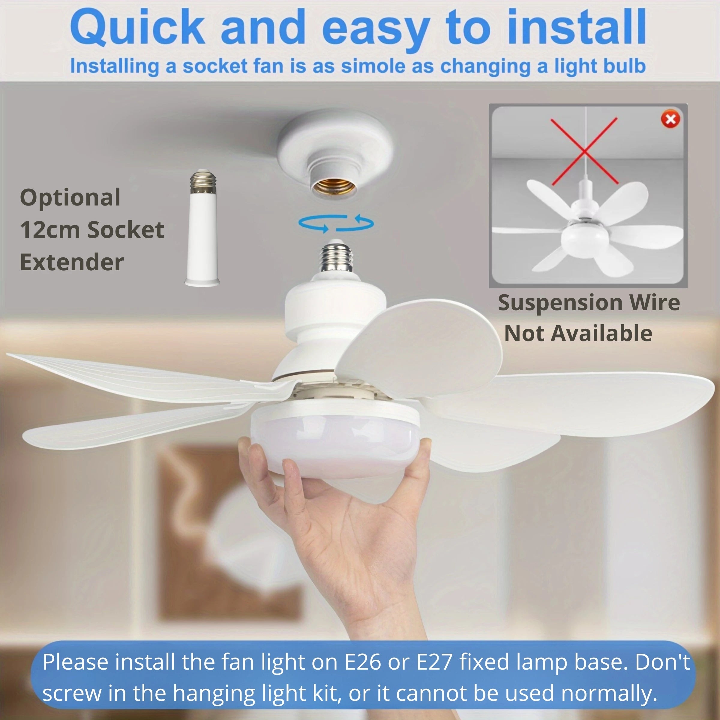 Ventilateur de plafond LED 40W avec douille E27, 21,5 pouces (55 cm), avec lumière et télécommande