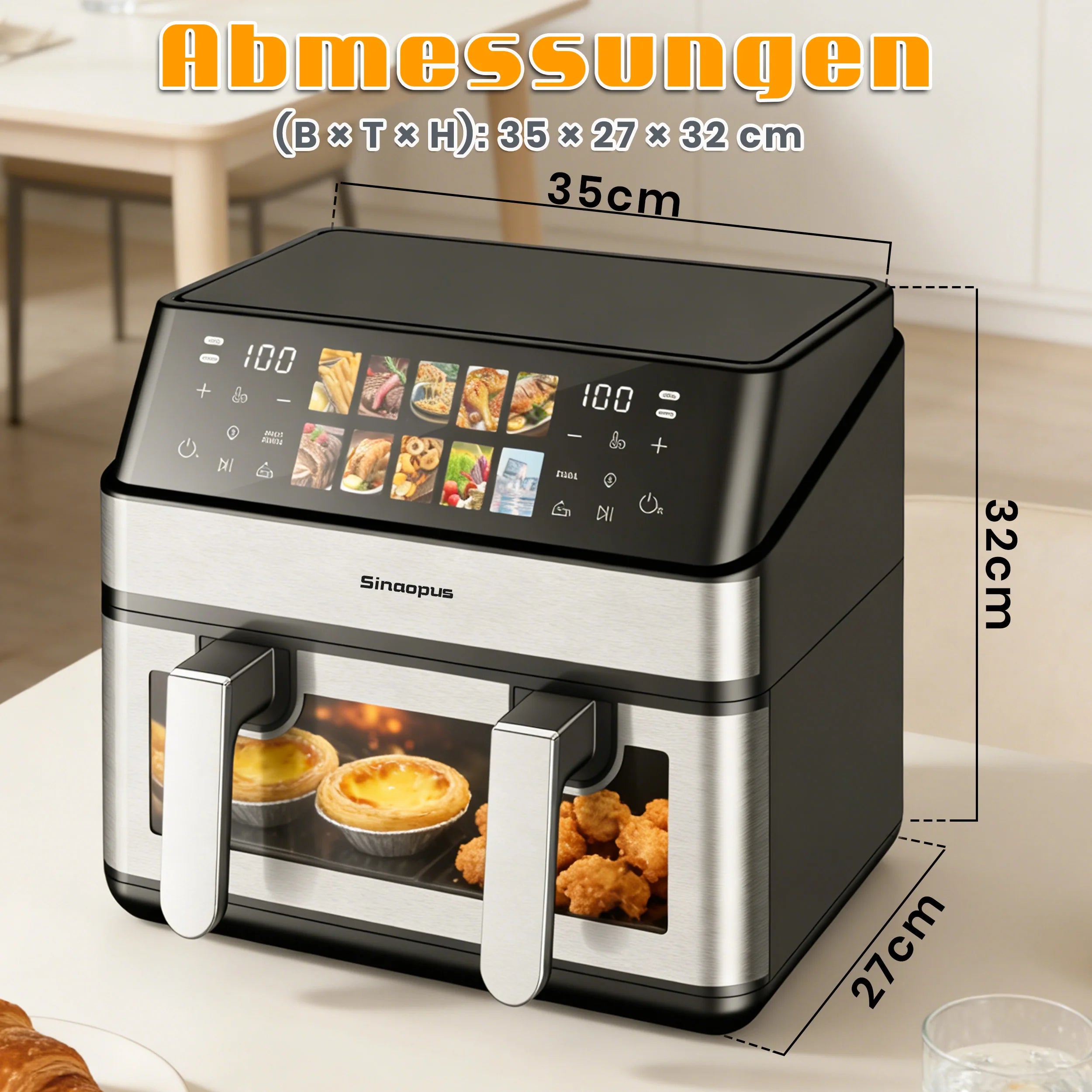 Friteuse à Air Chaud Multifonction 8,5 L – 2000 W, LED Tactile, Fenêtre de Visualisation, 10 Programmes, Sans Huile