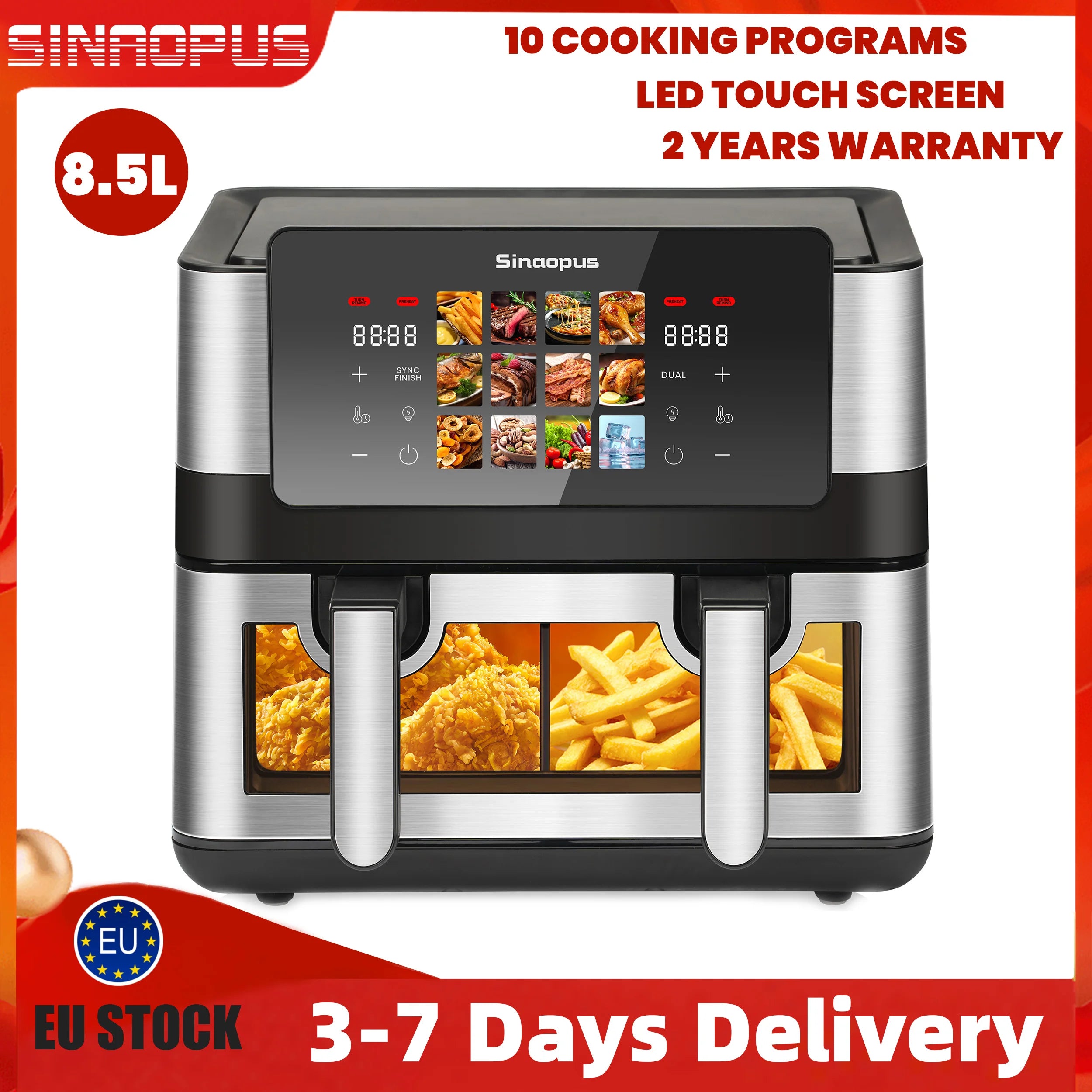 Friteuse à Air Chaud Double Panier Sinaopus 8,5 L – 2000 W, Écran Tactile LED, 12 Programmes, Fenêtre de Visualisation