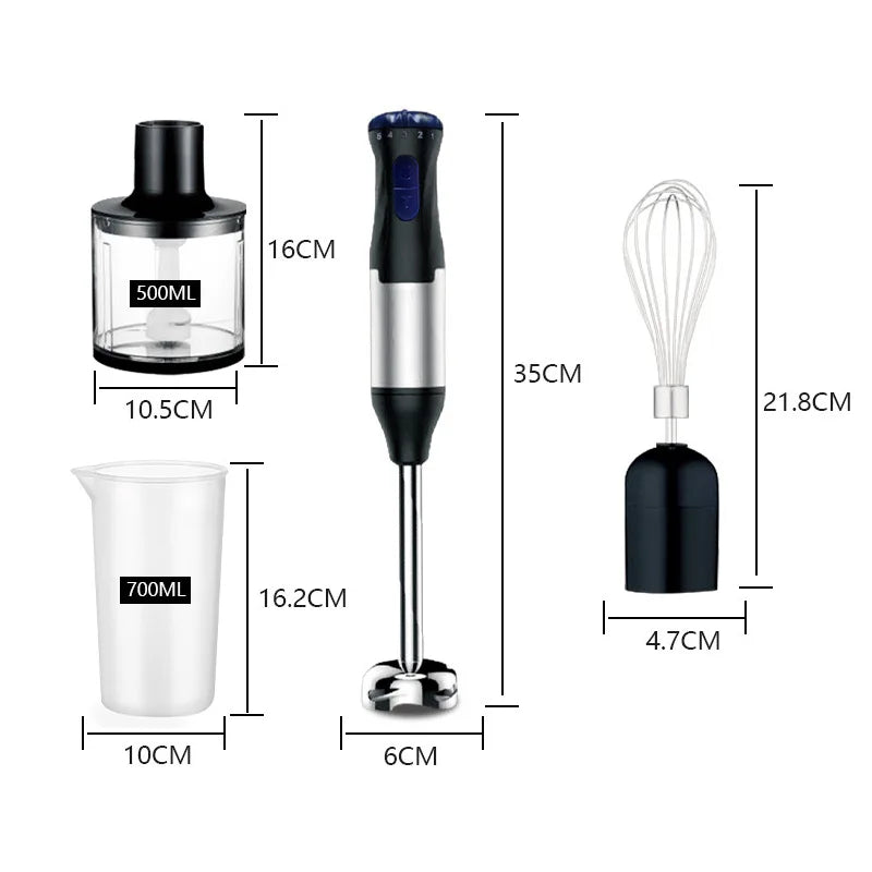 Mixeur Plongeant 4 en 1 – 1000 W, Acier Inoxydable, Bécher 700 ml & Bol Hachoir 500 ml, Fouet Inclus
