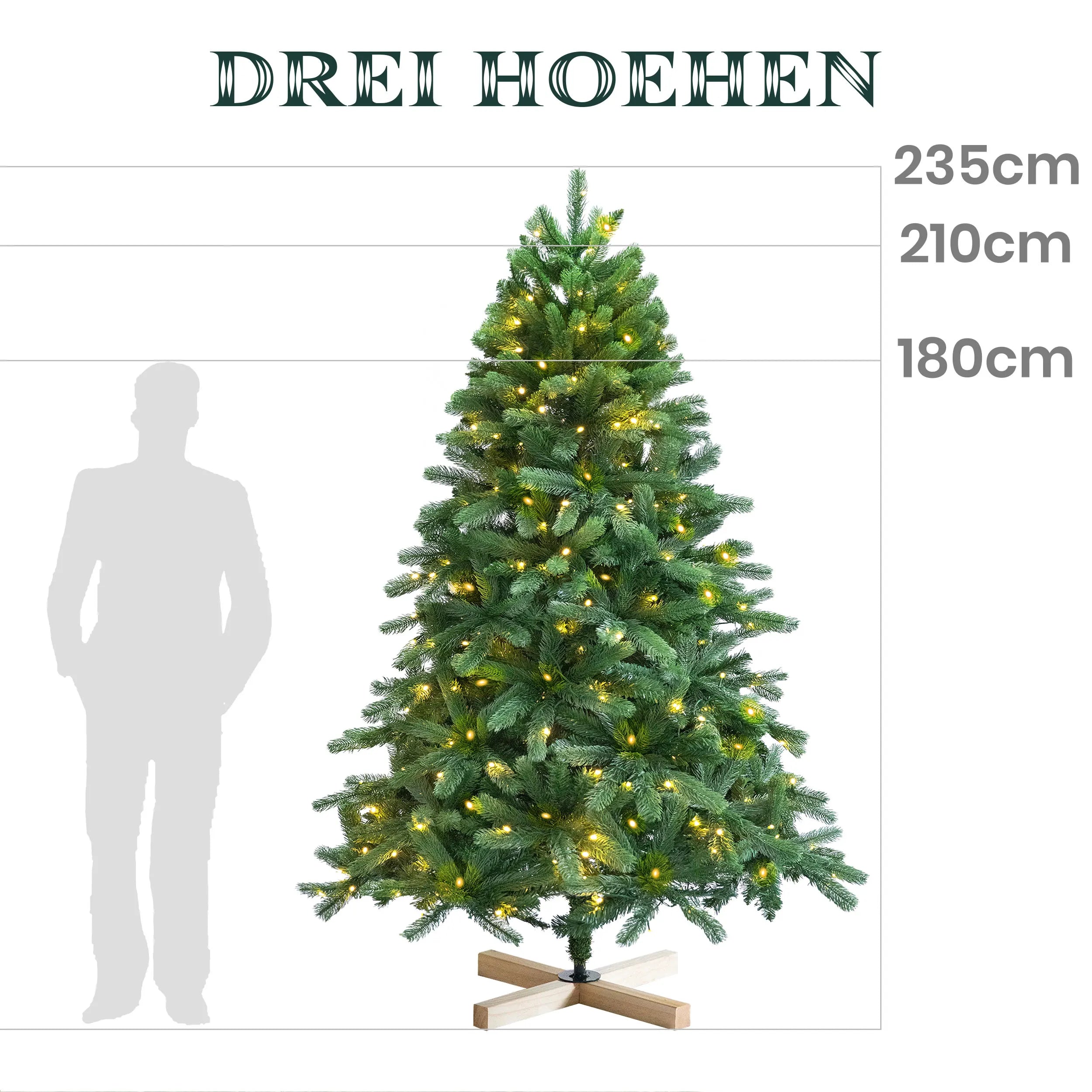 Arbre de Noël Artificiel avec Lumières LED – 180/210/235 cm, PVC & PE, Pied en Bois