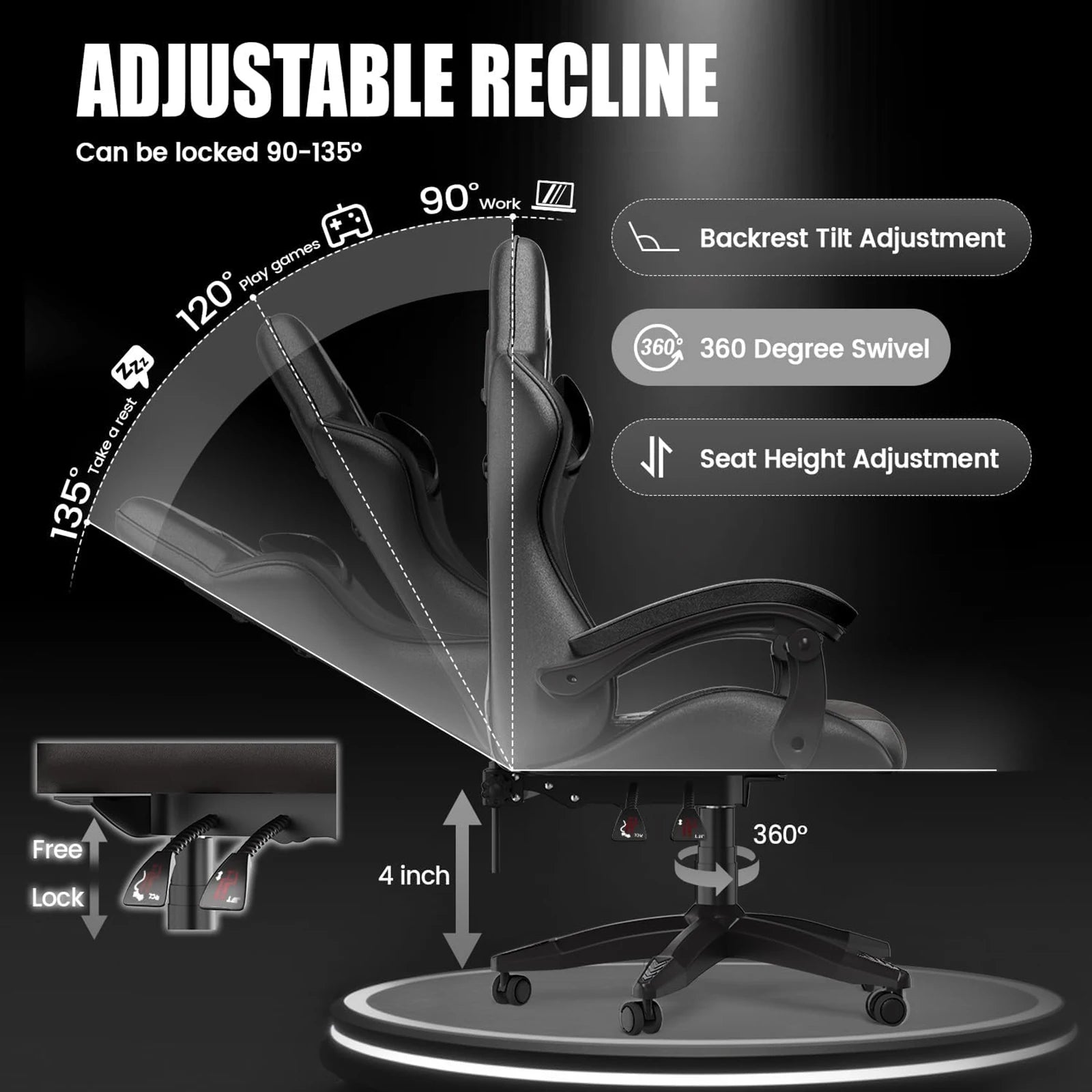 Fauteuil de jeu Chaise de jeu ergonomique réglable avec support lombaire et appui-tête