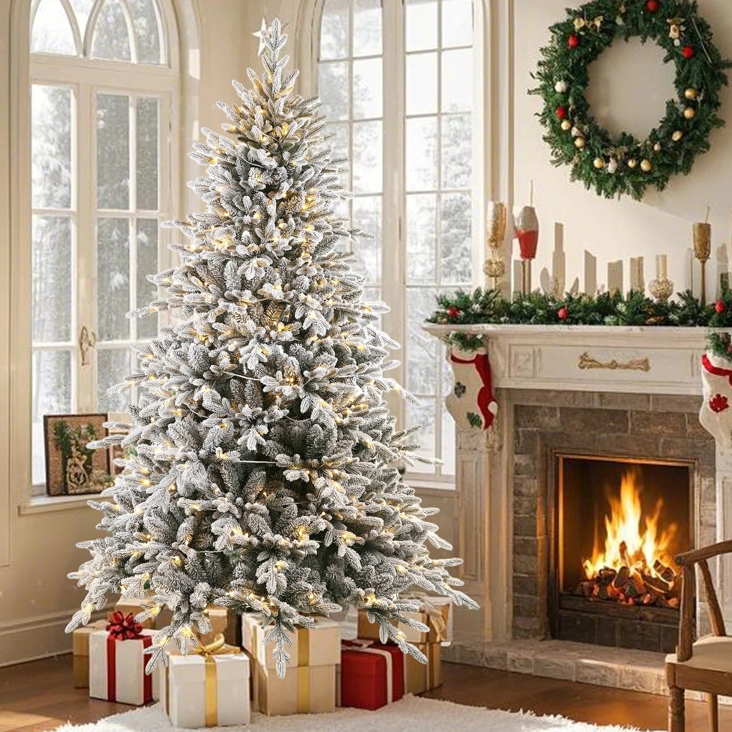 Arbre de Noël Artificiel Neige Blanche 210 CM – PVC+PE, 380 LED, Support Métallique