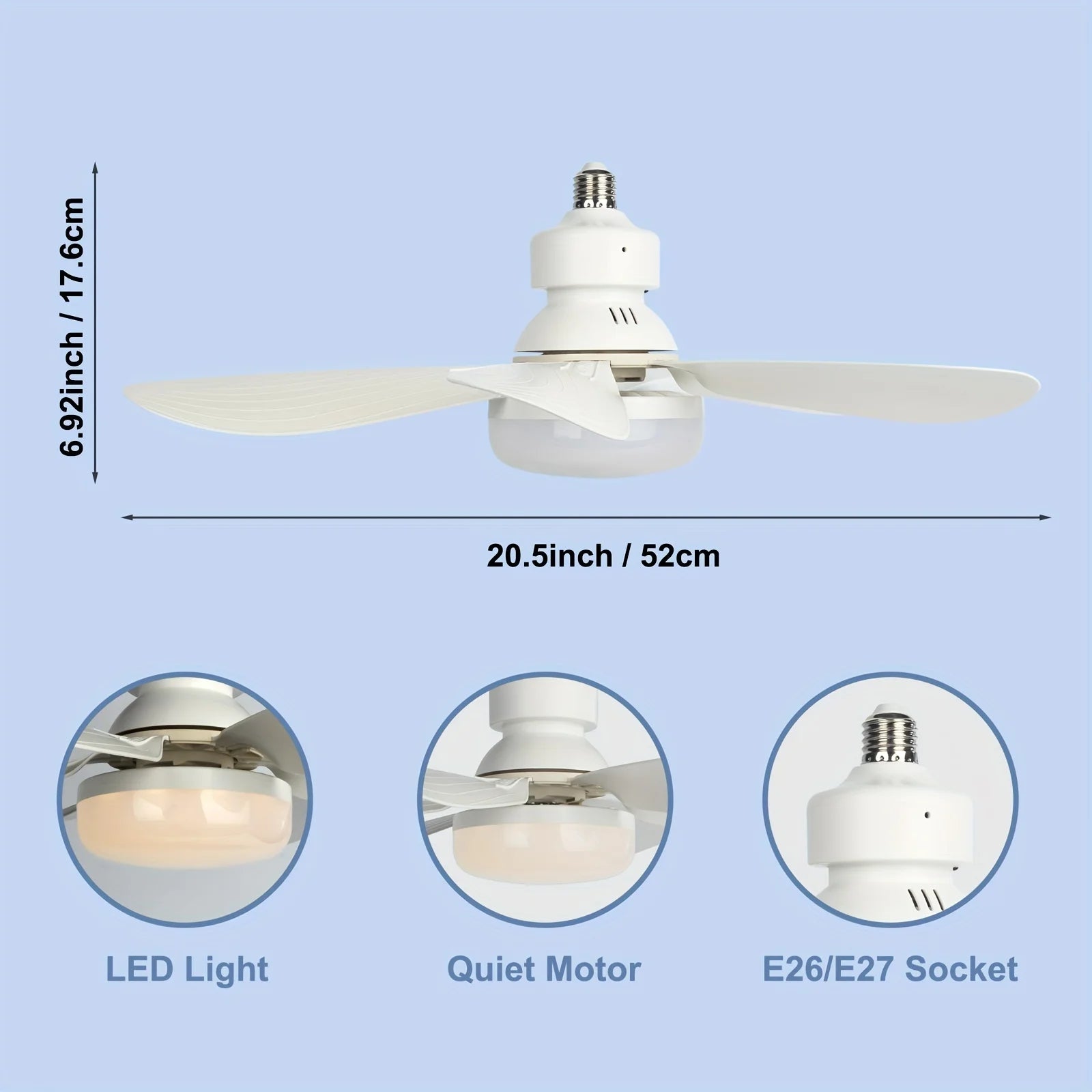 Ventilateur de plafond LED 40W avec douille E27, 21,5 pouces (55 cm), avec lumière et télécommande