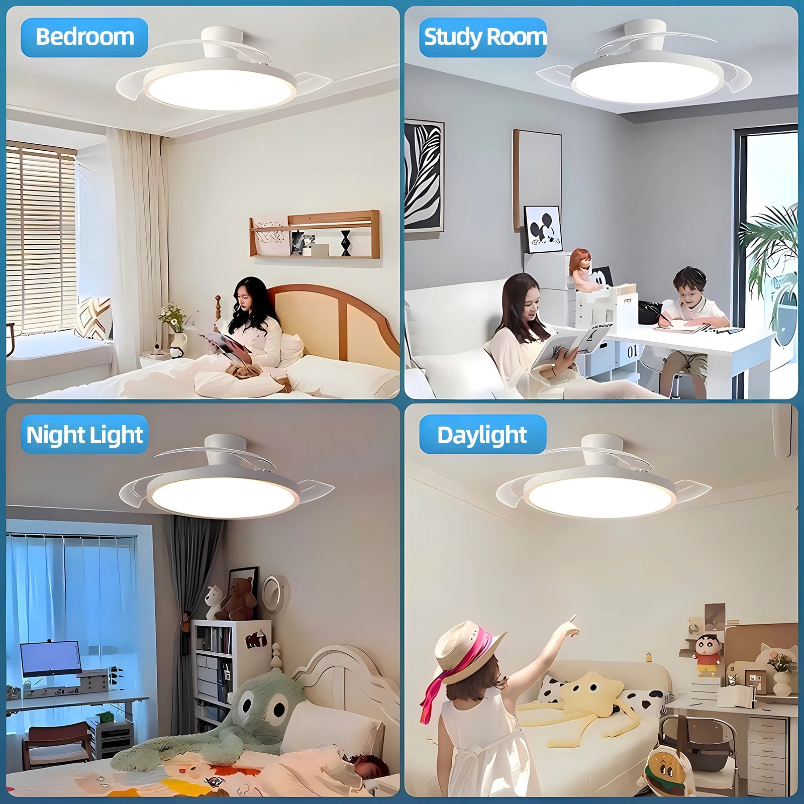 Ventilateur de plafond moderne à pales rétractables avec lumière, idéal pour salon, chambre ou appartement