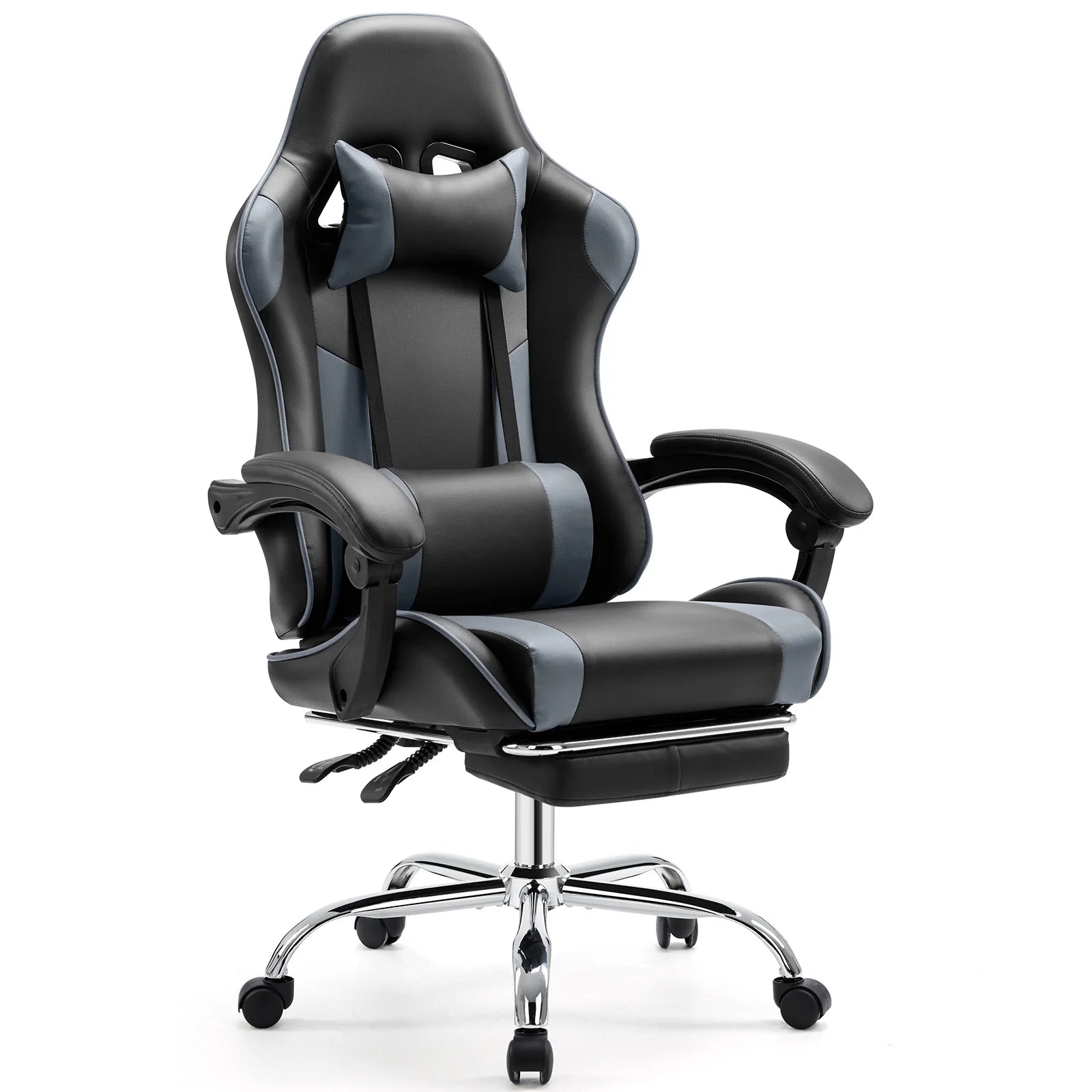 Fauteuil de jeu ergonomique JHK pivotante réglable en cuir PU avec appui-tête et support lombaire pour ordinateur de bureau