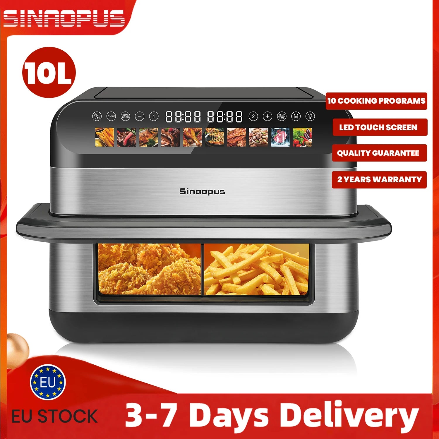 Air Fryer Four à friteuse à air à double panier de taille familiale 10L, cuiseur sans huile avec commande tactile LED et fenêtre de visualisation, machine intelligente pour friteuses à air