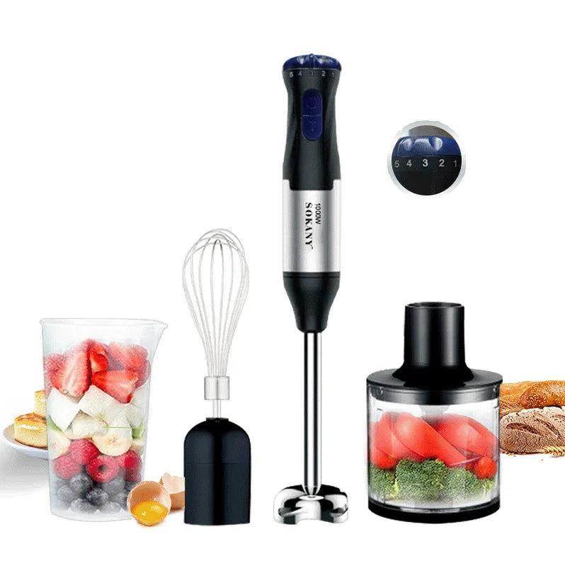 Mixeur Plongeant 4 en 1 – 1000 W, Acier Inoxydable, Bécher 700 ml & Bol Hachoir 500 ml, Fouet Inclus
