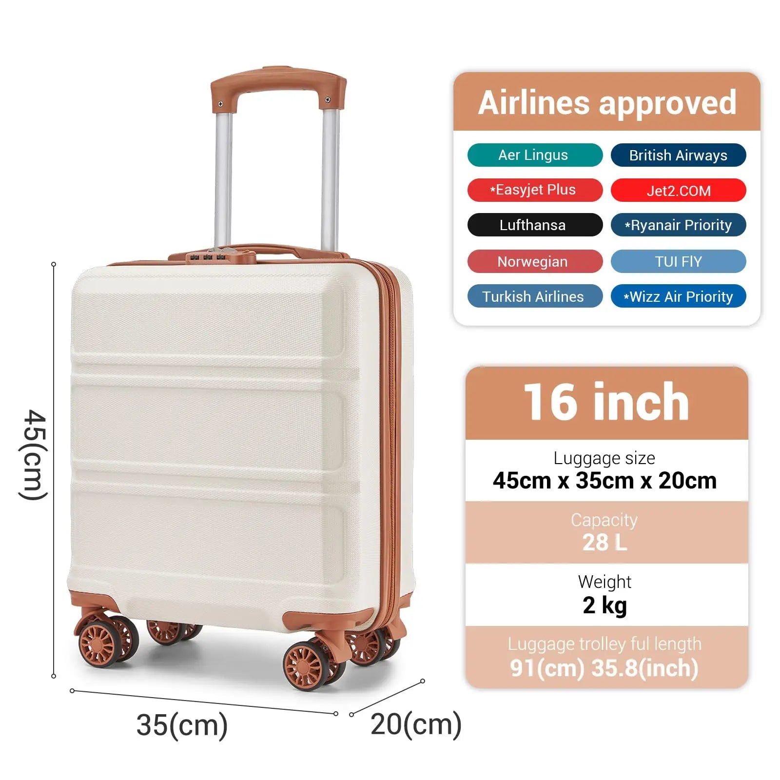 Étui rigide ABS léger 16 pouces KONO – Bagage à main avec serrure à combinaison