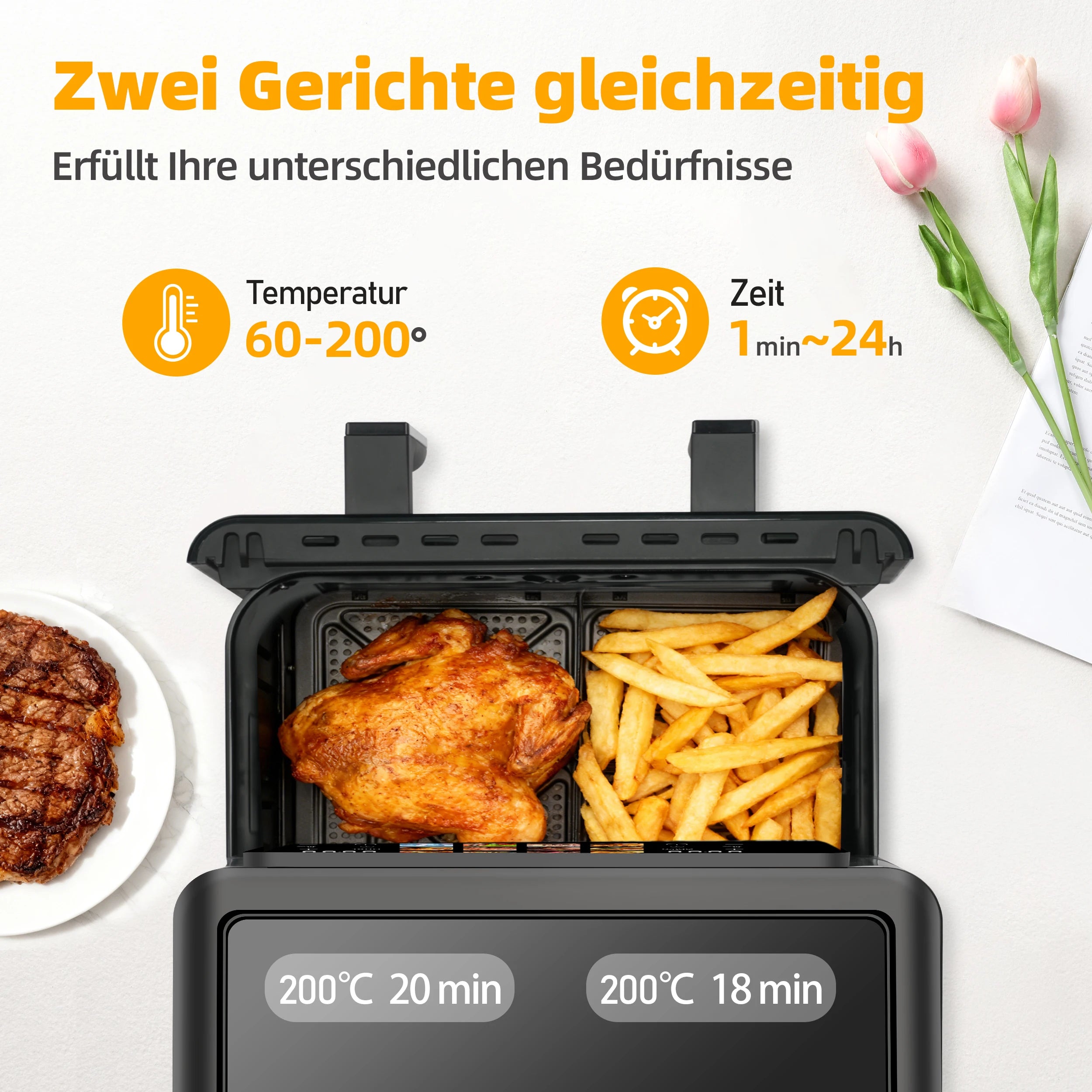 Friteuse à Air Chaud Double Panier Sinaopus 8,5 L – 2000 W, Écran Tactile LED, 12 Programmes, Fenêtre de Visualisation