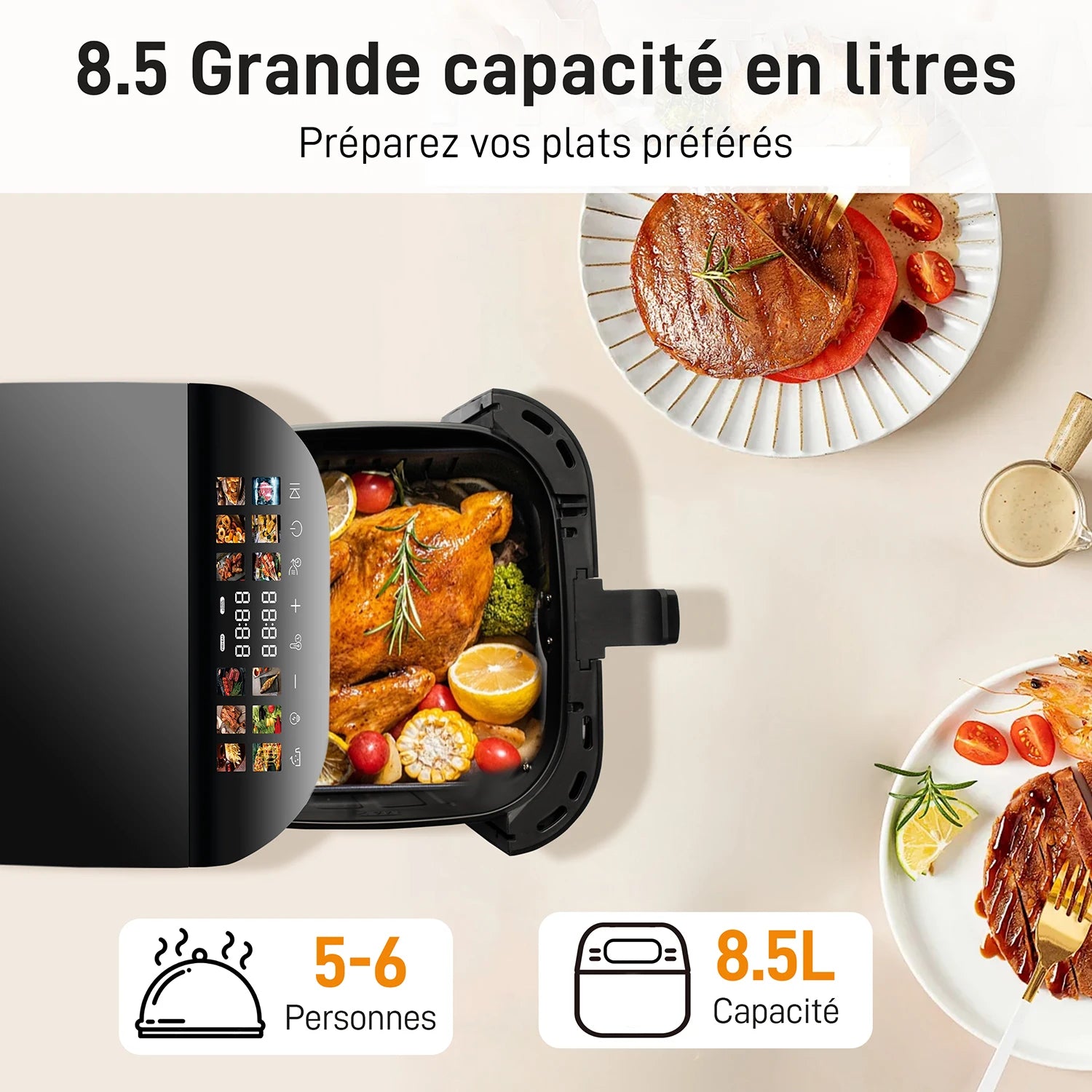 Friteuse à Air Chaud Multifonctionnelle Sinaopus 8,5 L – Panier Unique, Écran Tactile LED, Fenêtre de Visualisation