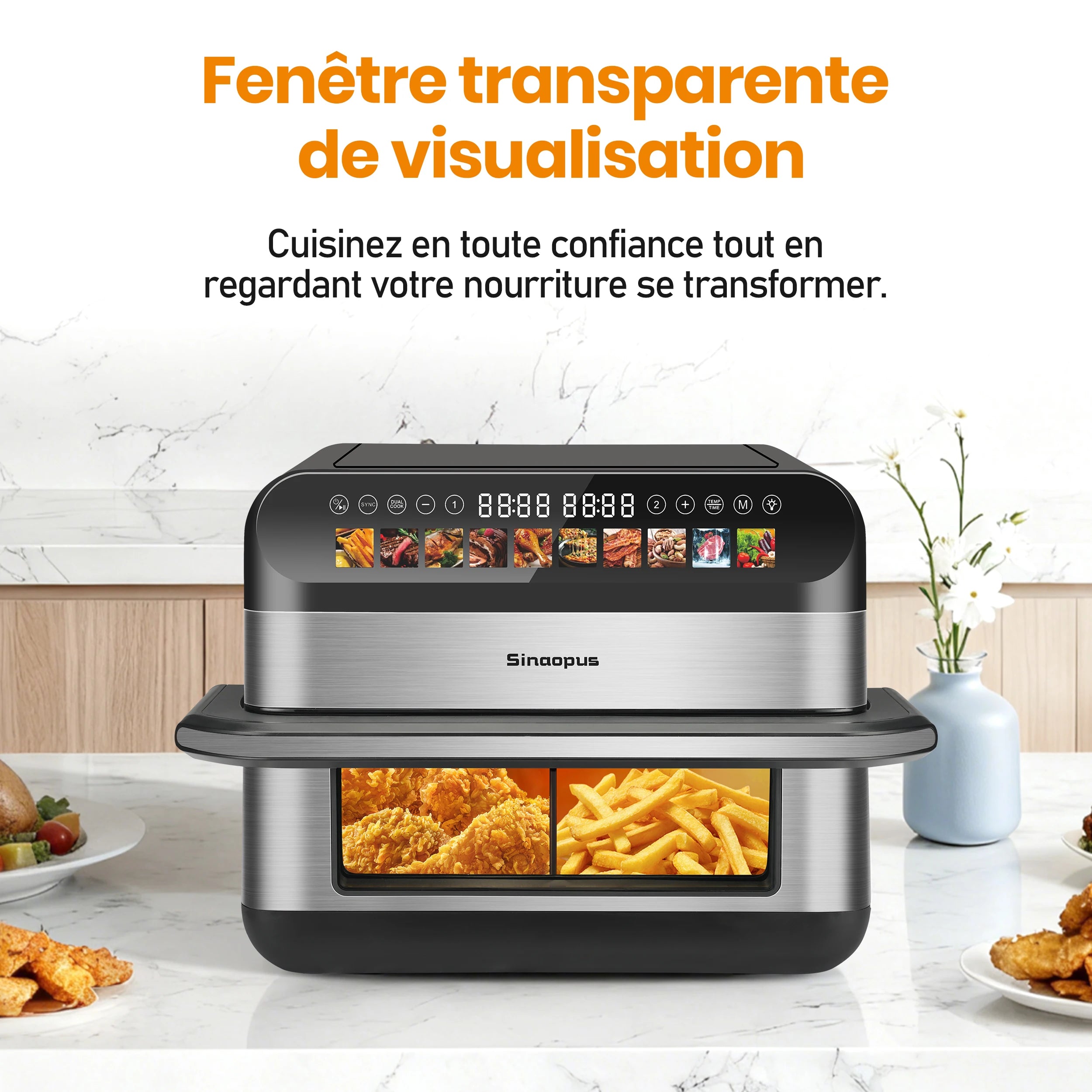 Air Fryer Four à friteuse à air à double panier de taille familiale 10L, cuiseur sans huile avec commande tactile LED et fenêtre de visualisation, machine intelligente pour friteuses à air