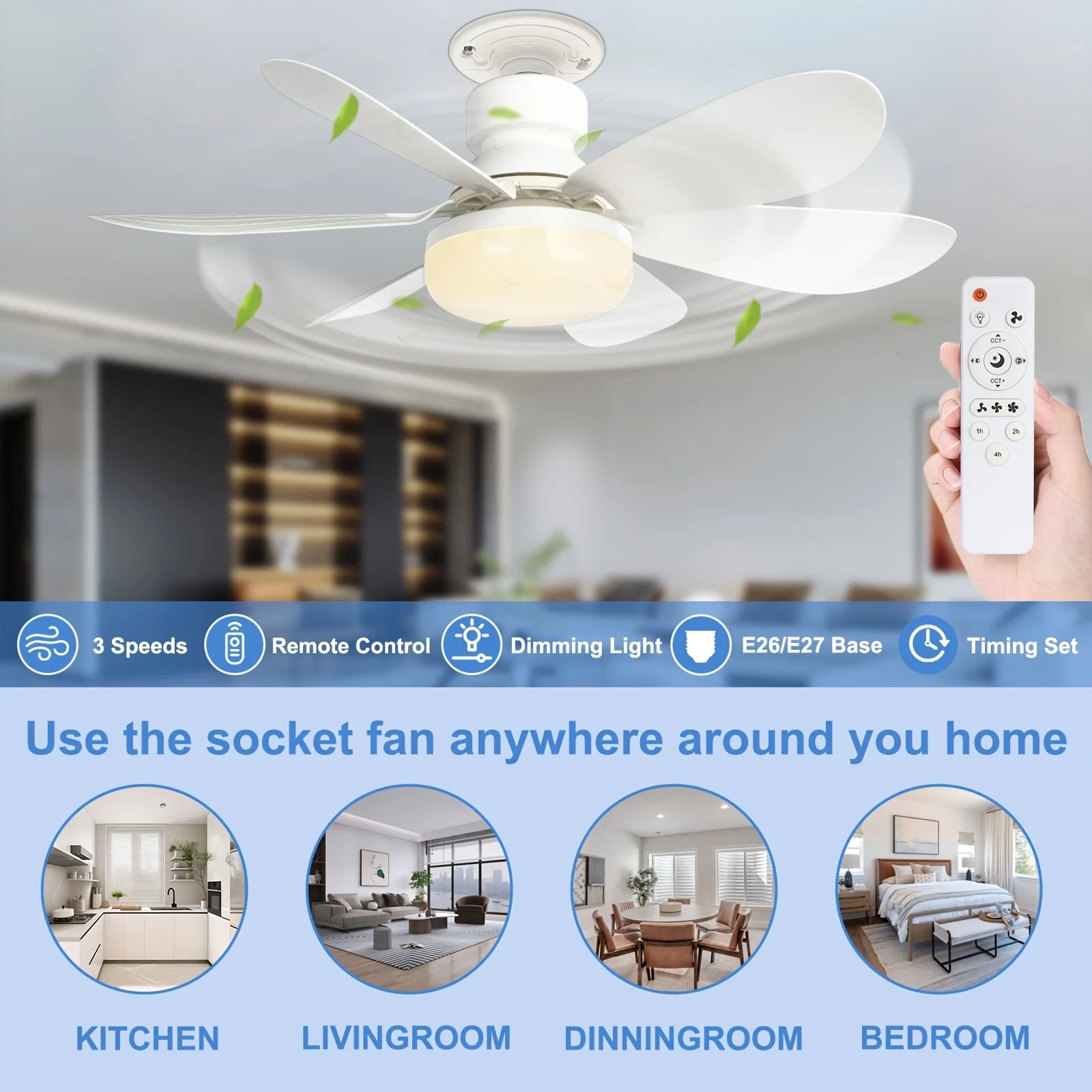 Ventilateur de plafond LED 40W avec douille E27, 21,5 pouces (55 cm), avec lumière et télécommande