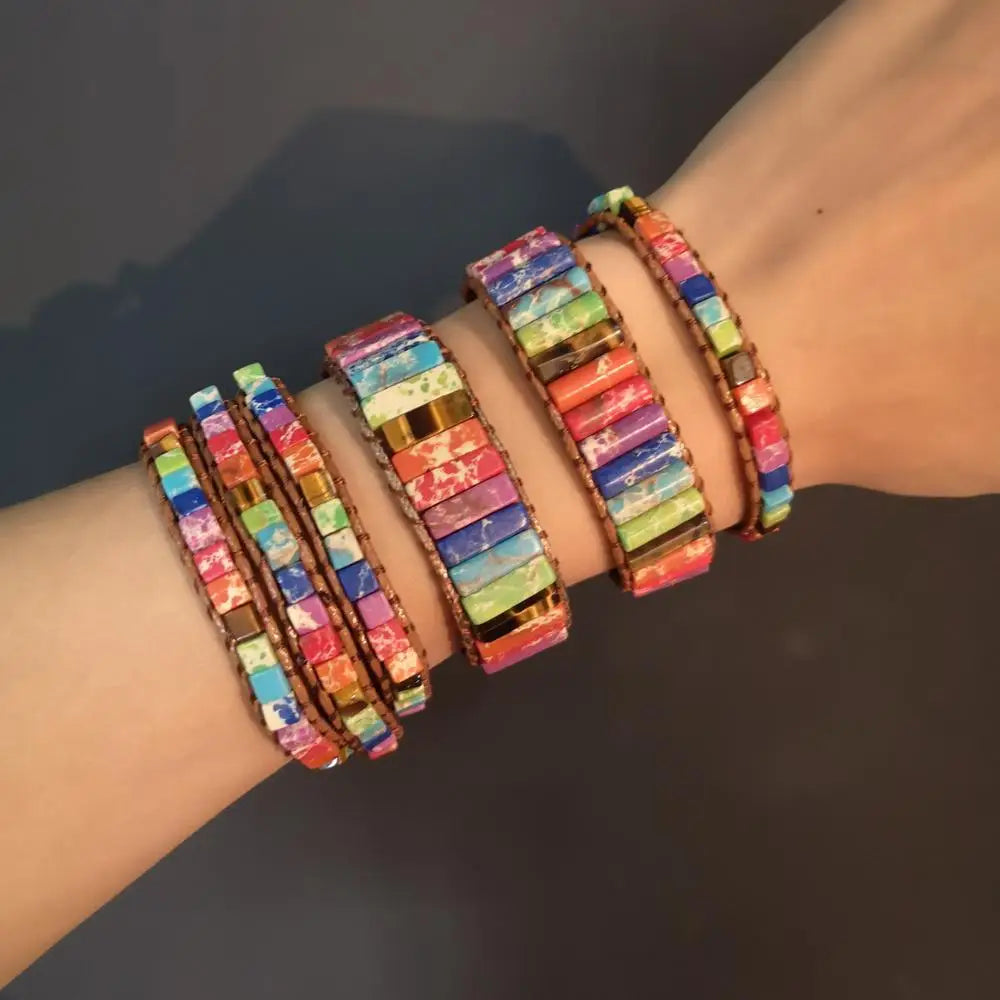 Bracelet Chakra fait à la main multicolore en pierre naturelle, perles en cuir, Bracelets en pierre naturelle