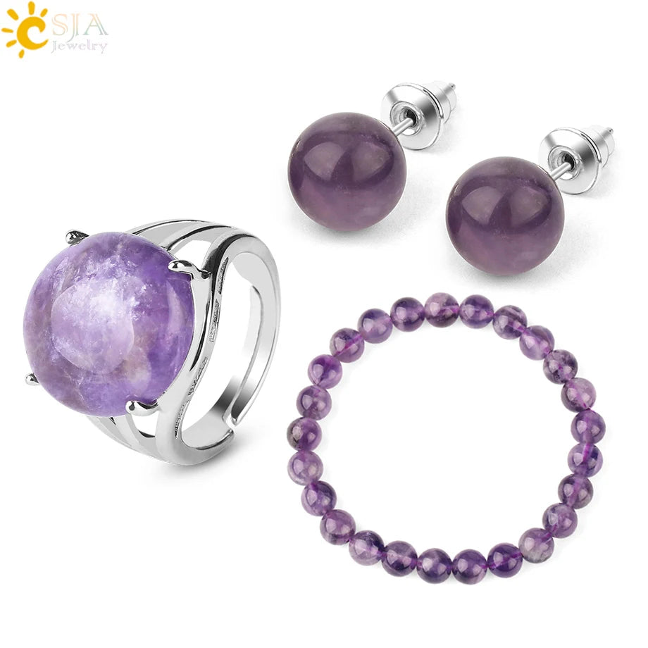 Ensembles de bijoux pour femmes, Boucles d'oreilles, Bracelets, Bague, Clip violet, Quartz rose, Aventurine verte, Guérison, G369