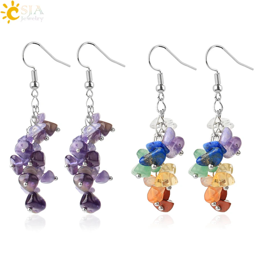 Boucles d'oreilles en pierre naturelle écaillée, pendentif goutte, 7 chakras irrégulier, perle en cristal pour femmes, bijoux faits à la main à la mode bijoux pierre naturelle boucle d’oreille femme