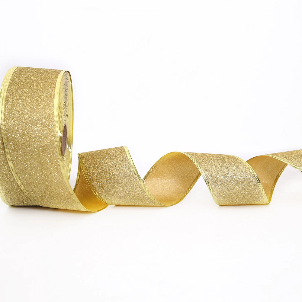 Rubans décoratifs à paillettes de 200cm x 6.3cm, rouge, argent, or, avec fil de fer, pour décoration de noël, nœuds artisanaux