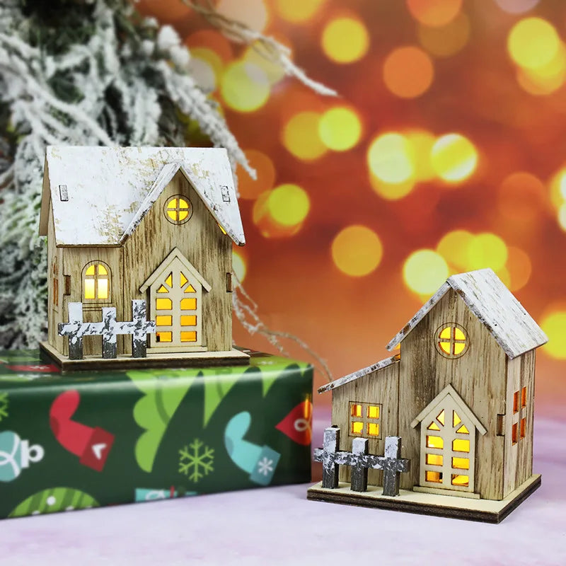 Holzhaus mit LED-Licht für Weihnachten, fröhliche Weihnachtsdekoration, Weihnachtsbaumschmuck, Geschenk für Kinder, Neujahr