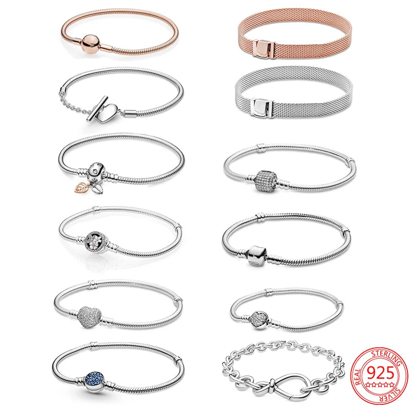 Bracelet en argent regardé 925 véritable pour femme, bracelets originaux, breloques en perles, cadeau de bijoux à bricoler soi-même, cœur, mode, 3mm