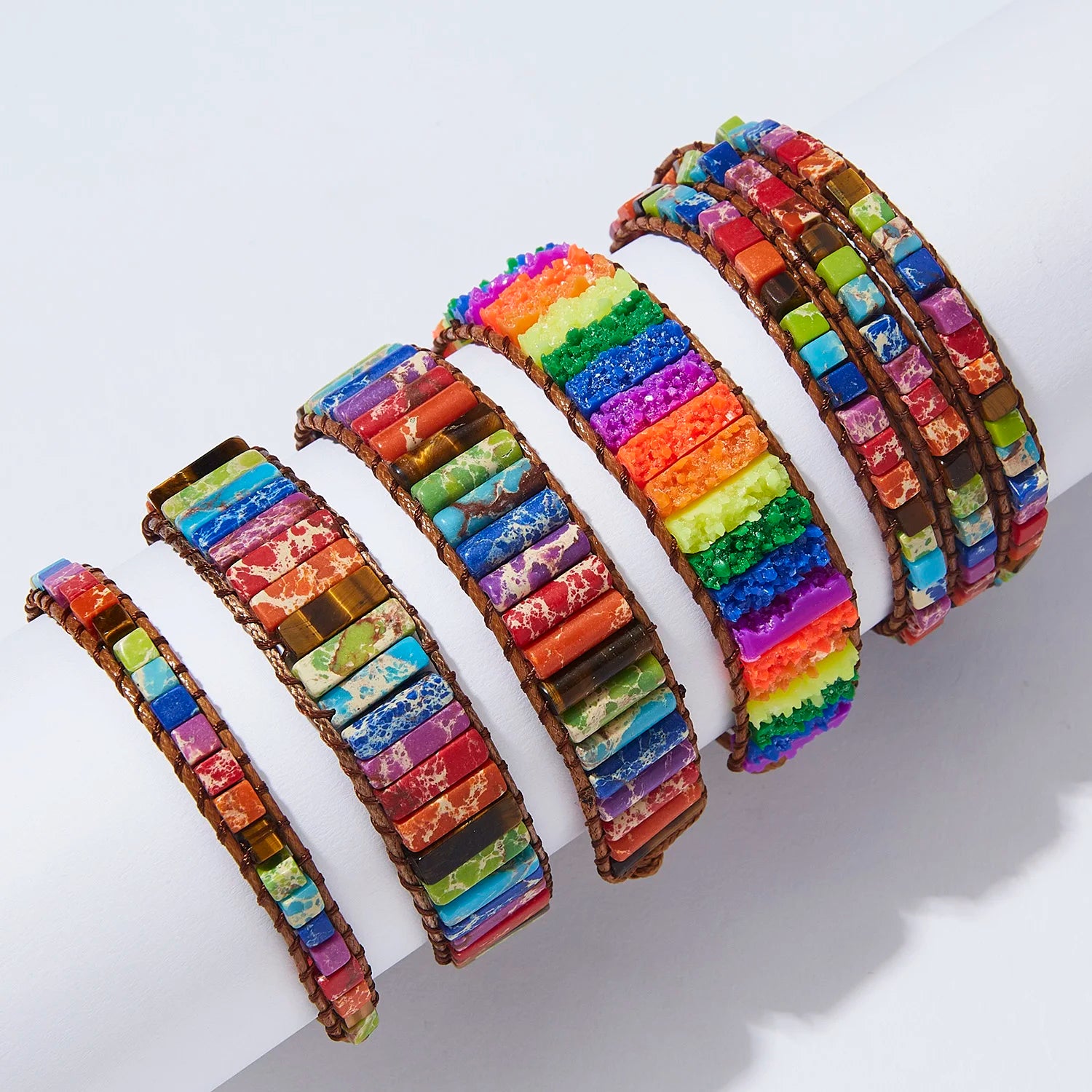 Bracelet Chakra fait à la main multicolore en pierre naturelle, perles en cuir, Bracelets en pierre naturelle