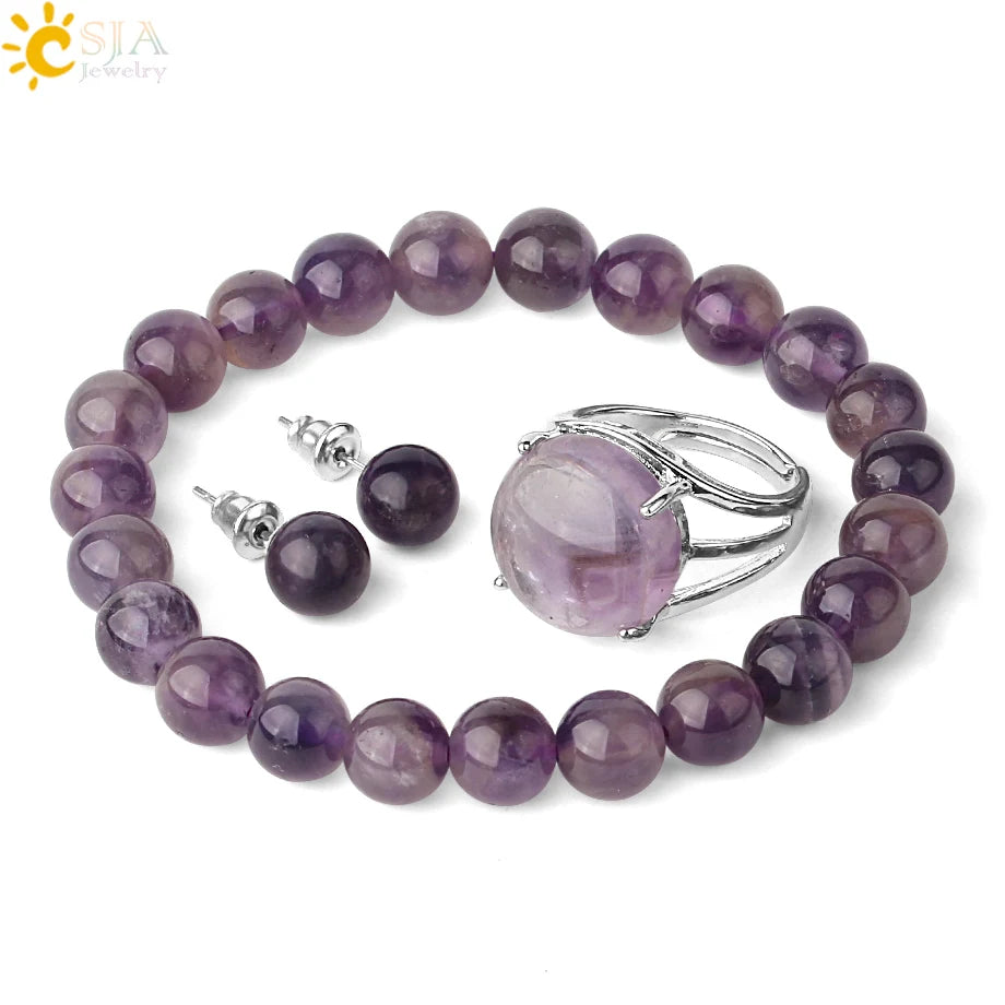 Ensembles de bijoux pour femmes, Boucles d'oreilles, Bracelets, Bague, Clip violet, Quartz rose, Aventurine verte, Guérison, G369