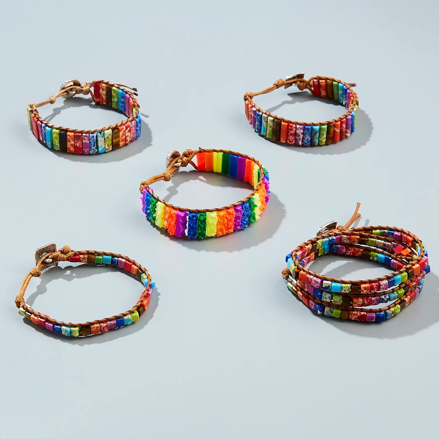 Bracelet Chakra fait à la main multicolore en pierre naturelle, perles en cuir, Bracelets en pierre naturelle