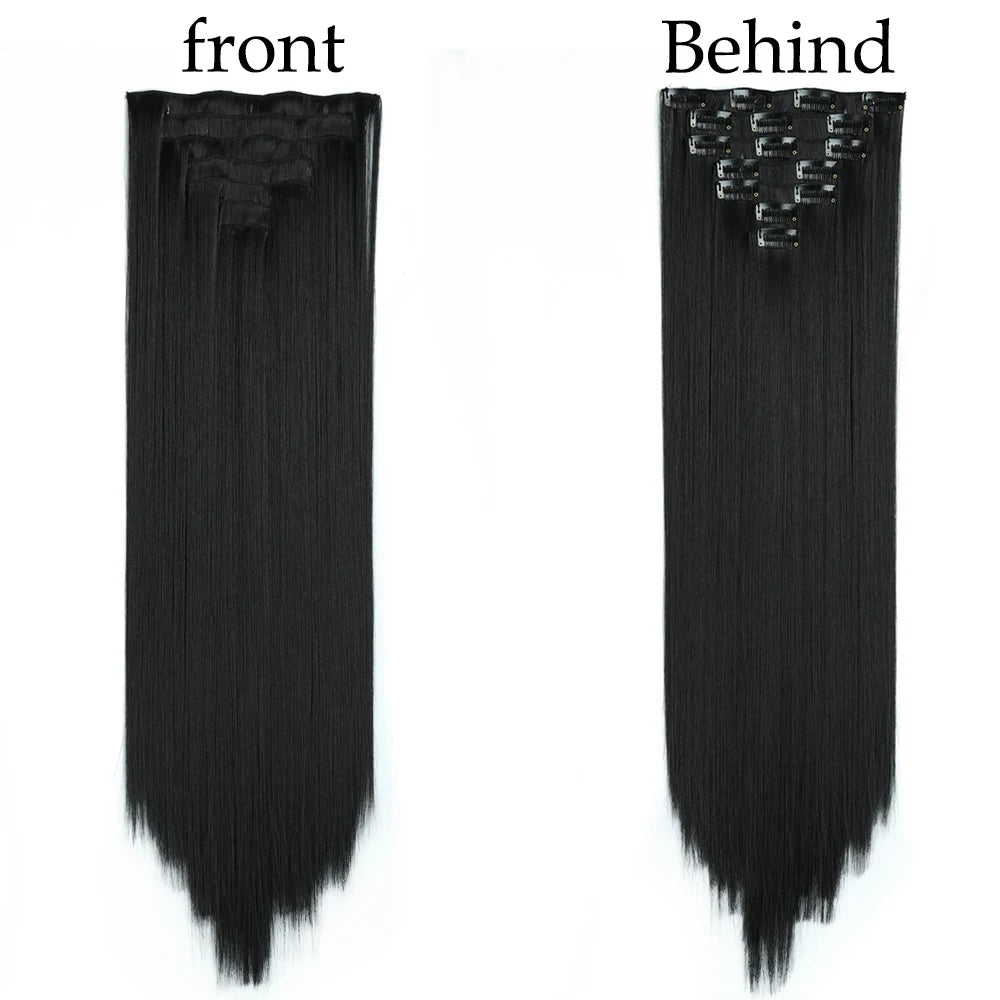 Long Straight Synthetic Hair Extensions, Blonde Black Hairpieces, Fake Hair, 24 Inch, 16 Clips