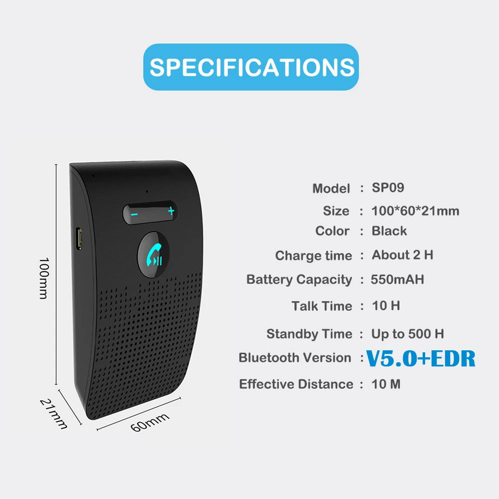 Bluetooth 5.0 Handsfree Car Kit, HIFI Speakerphone, 2W Wireless Audio Receiver, MP3 Music Player, Noise Cancelling, Sun Visor Clip