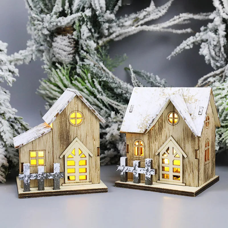 Holzhaus mit LED-Licht für Weihnachten, fröhliche Weihnachtsdekoration, Weihnachtsbaumschmuck, Geschenk für Kinder, Neujahr