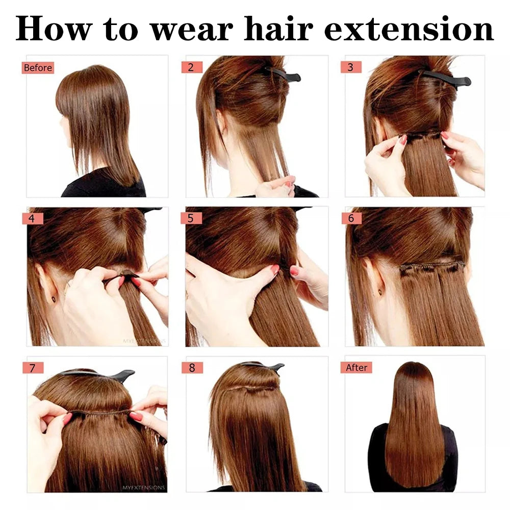 Long Straight Synthetic Hair Extensions, Blonde Black Hairpieces, Fake Hair, 24 Inch, 16 Clips