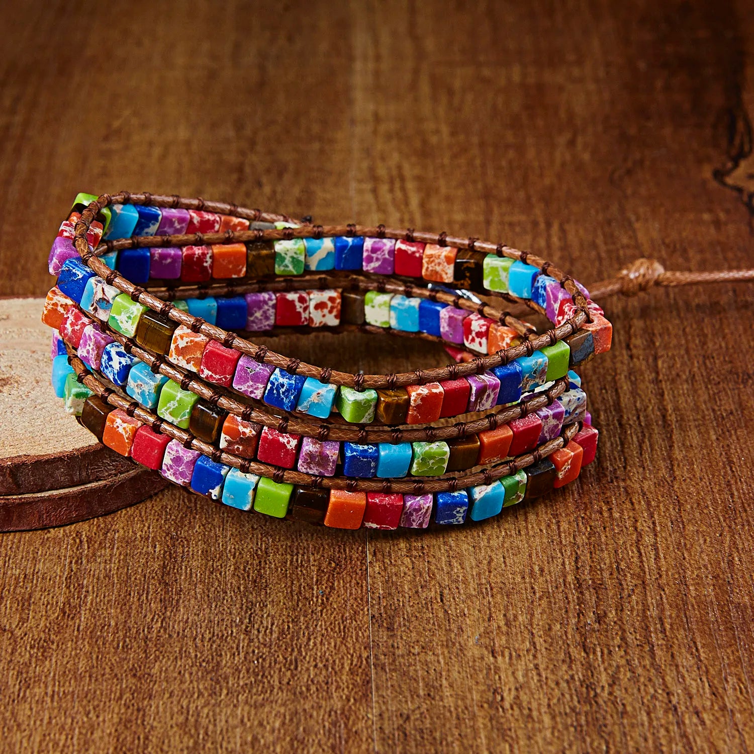 Bracelet Chakra fait à la main multicolore en pierre naturelle, perles en cuir, Bracelets en pierre naturelle