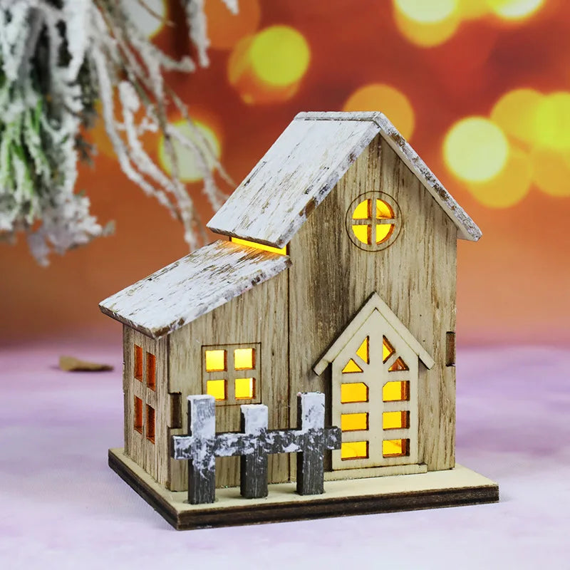 Holzhaus mit LED-Licht für Weihnachten, fröhliche Weihnachtsdekoration, Weihnachtsbaumschmuck, Geschenk für Kinder, Neujahr