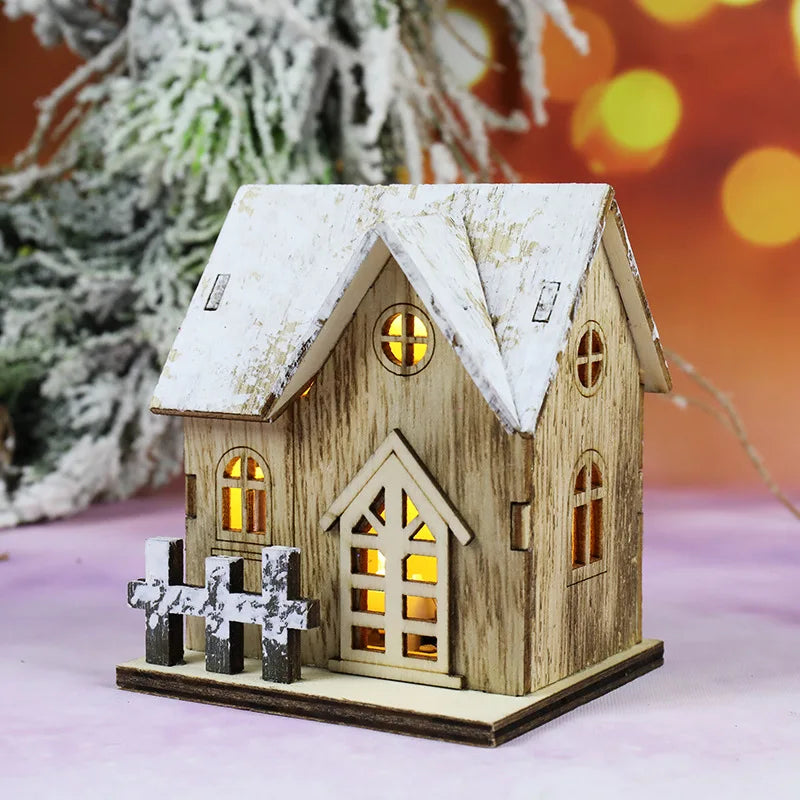 Holzhaus mit LED-Licht für Weihnachten, fröhliche Weihnachtsdekoration, Weihnachtsbaumschmuck, Geschenk für Kinder, Neujahr